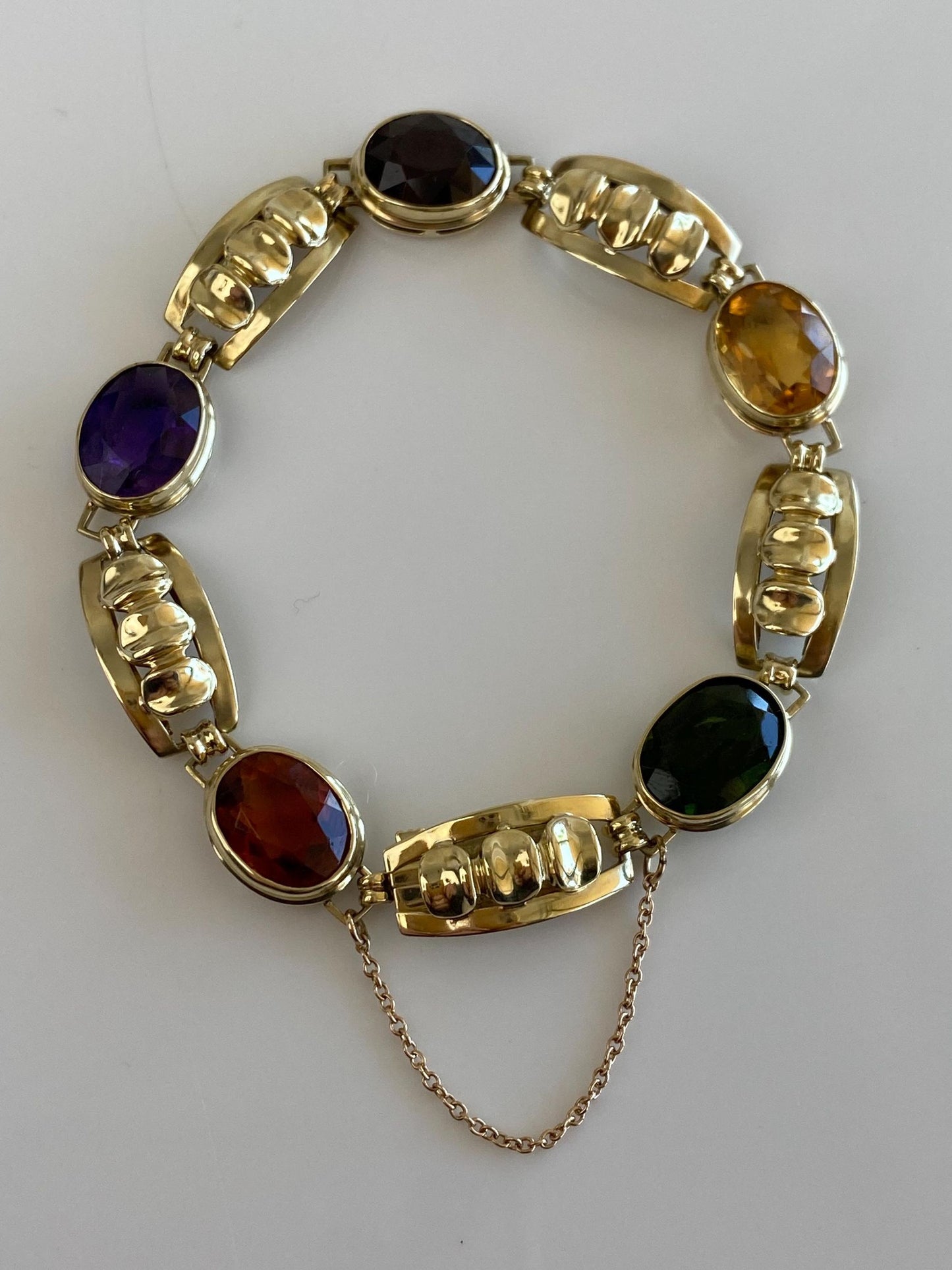Vintage Solid 14k Yellow Gold Amethyst Citrine Garnet Green Tourmaline Link Bracelet - 7 inches