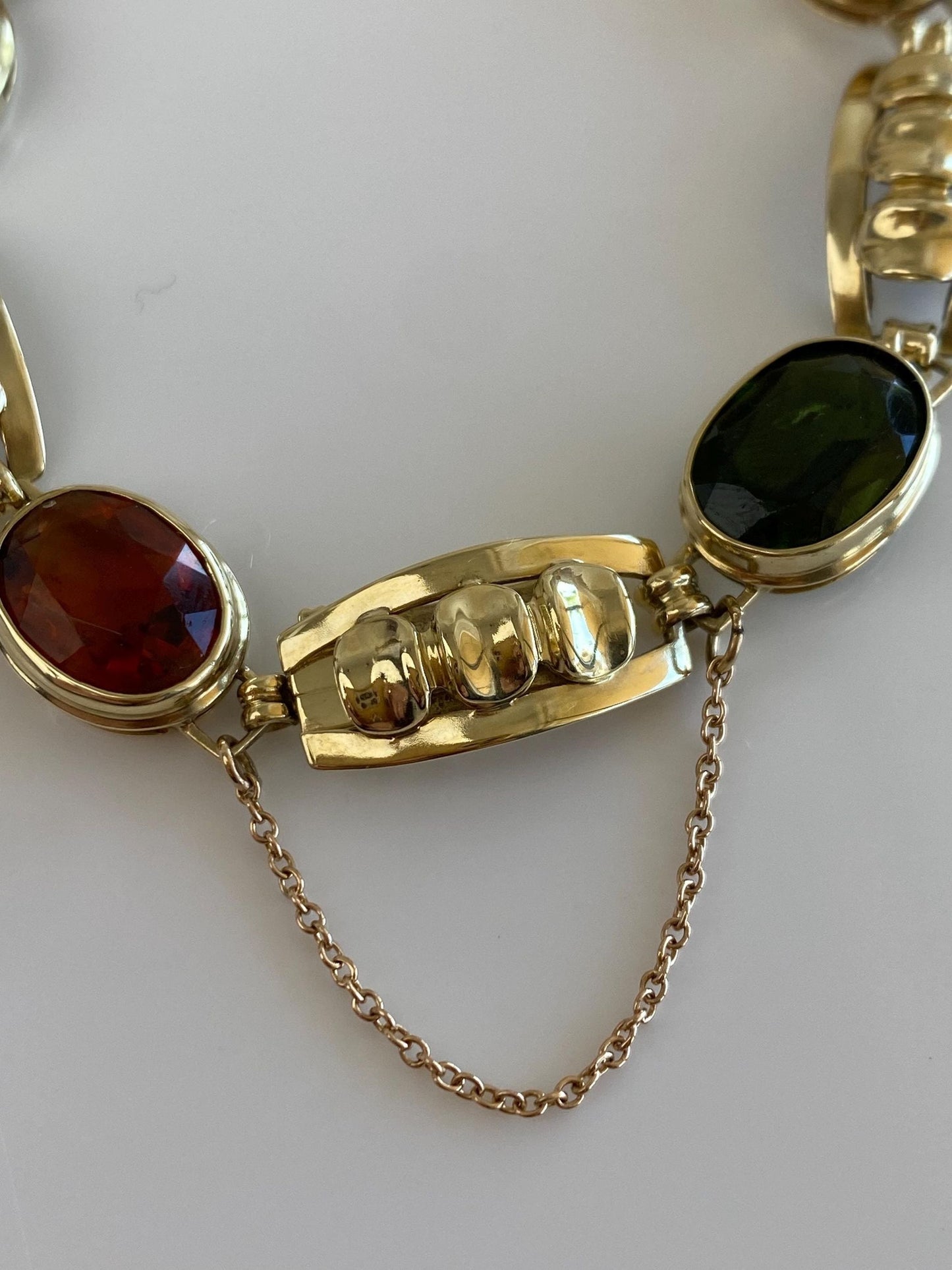 Vintage Solid 14k Yellow Gold Amethyst Citrine Garnet Green Tourmaline Link Bracelet - 7 inches