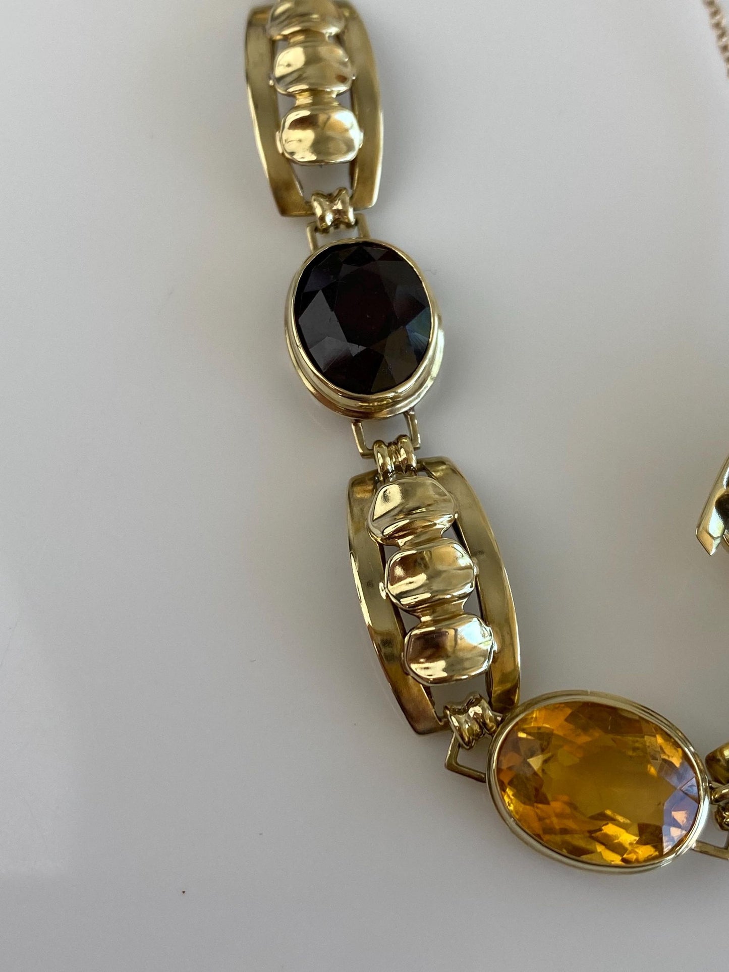Vintage Solid 14k Yellow Gold Amethyst Citrine Garnet Green Tourmaline Link Bracelet - 7 inches