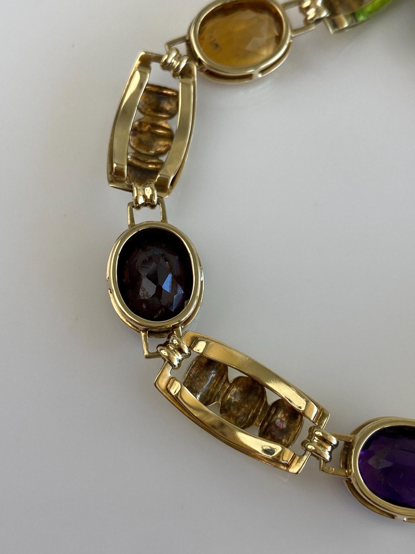 Vintage Solid 14k Yellow Gold Amethyst Citrine Garnet Green Tourmaline Link Bracelet - 7 inches