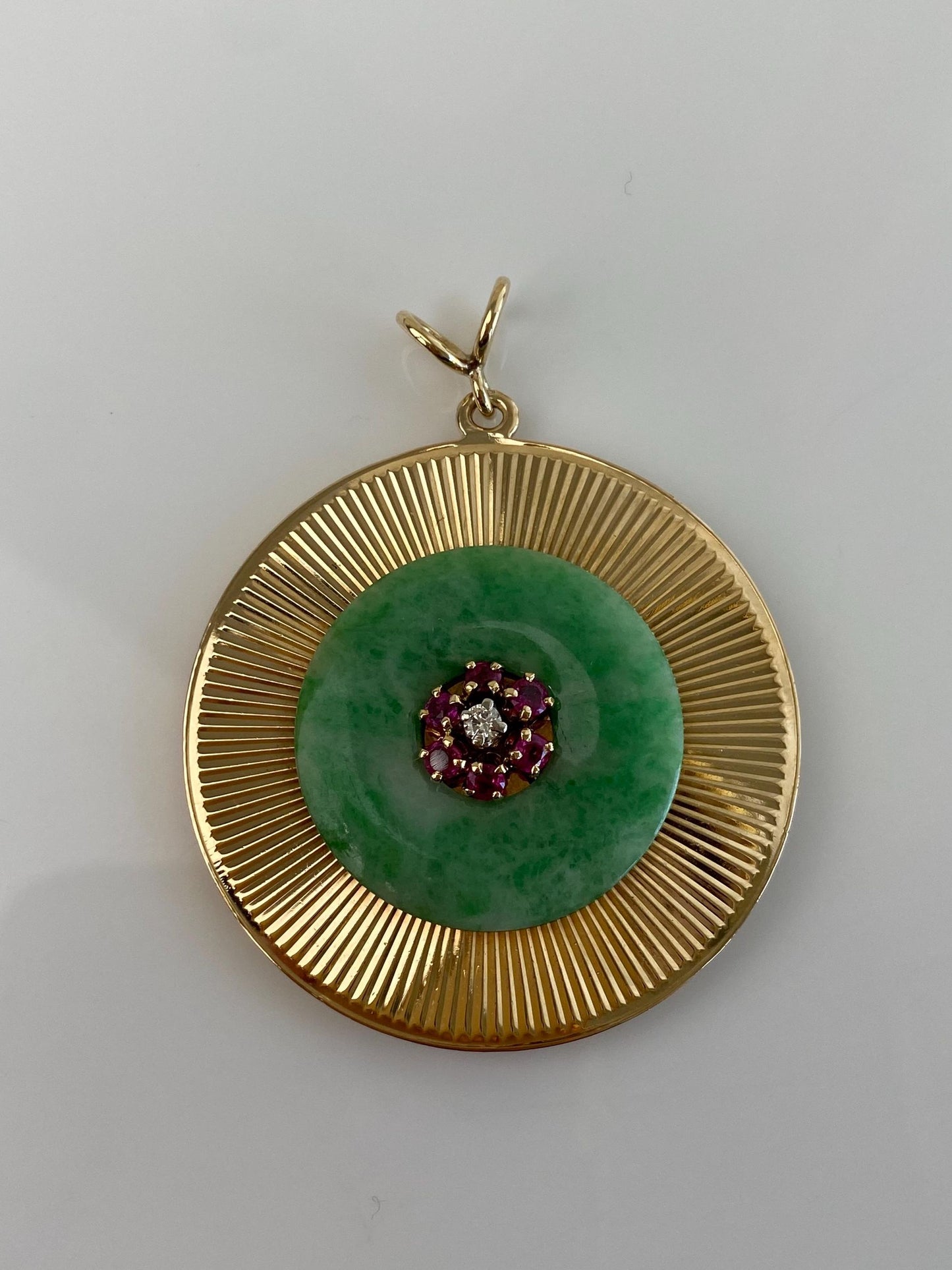 Tiffany & Co. Vintage Solid 14k Yellow Gold Large Diamond Pink Sapphire Jade Engine Turned Charm