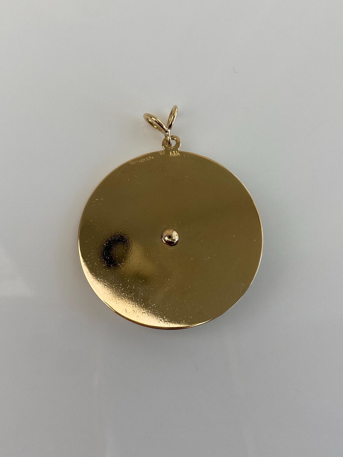 Tiffany & Co. Vintage Solid 14k Yellow Gold Large Diamond Pink Sapphire Jade Engine Turned Charm