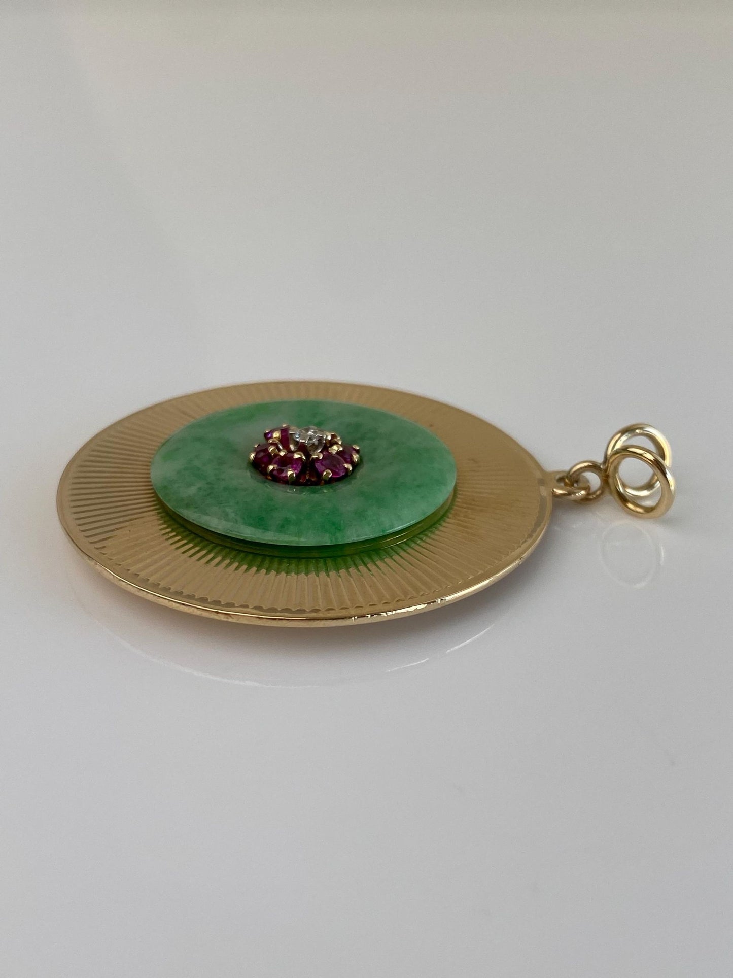 Tiffany & Co. Vintage Solid 14k Yellow Gold Large Diamond Pink Sapphire Jade Engine Turned Charm