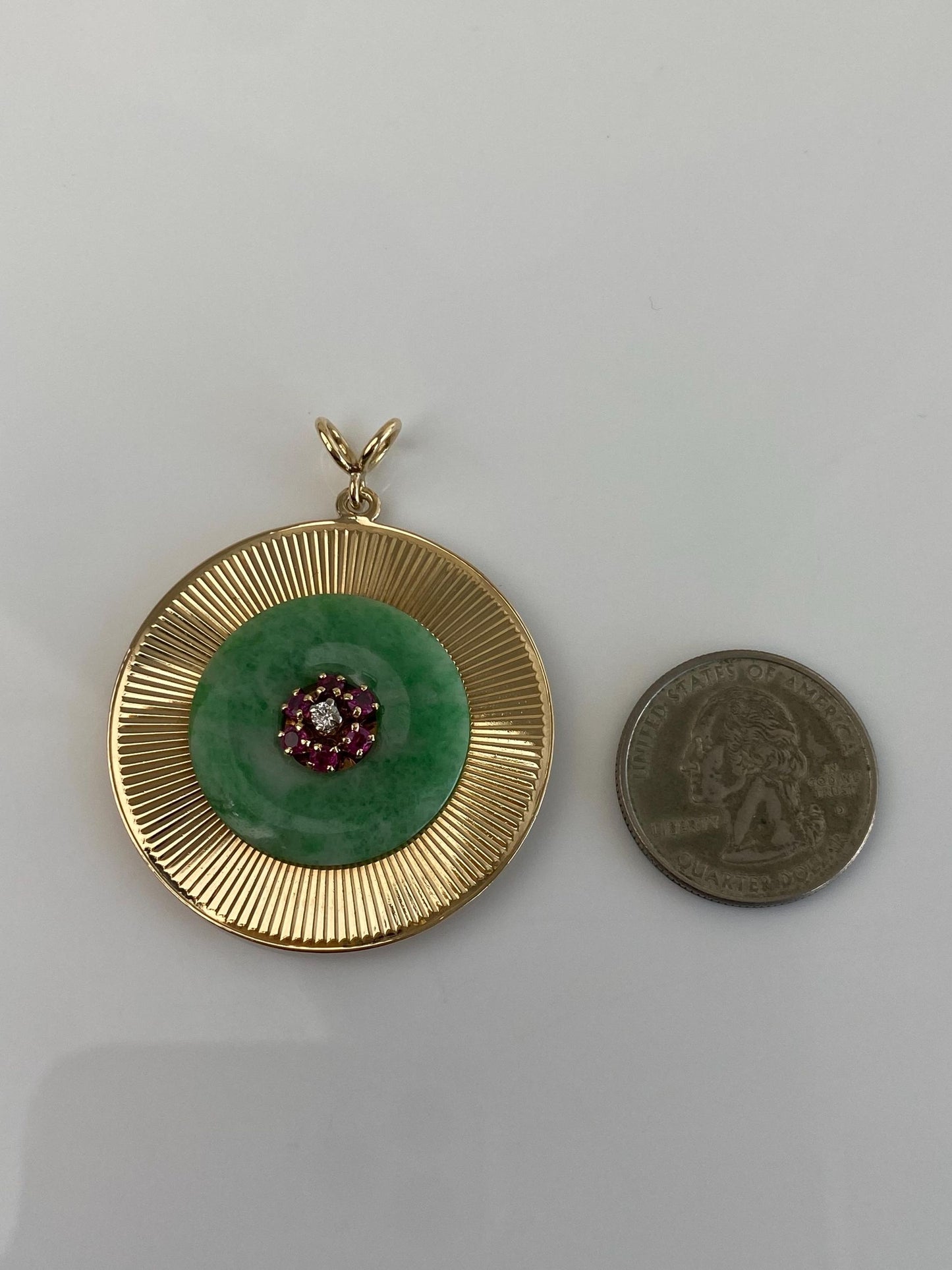 Tiffany & Co. Vintage Solid 14k Yellow Gold Large Diamond Pink Sapphire Jade Engine Turned Charm