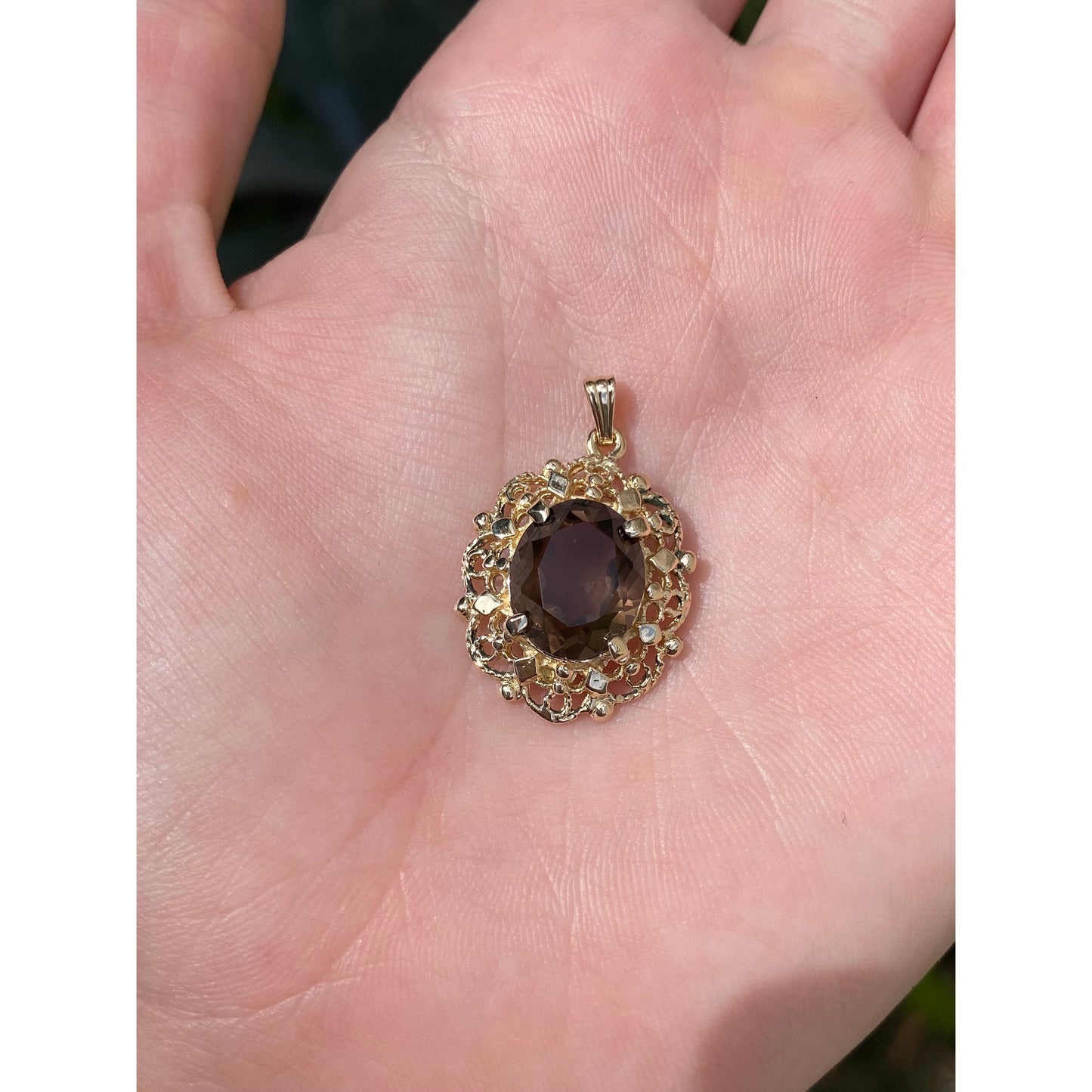 Vintage Solid 14k Yellow Gold Smoky Quartz Ornate Charm