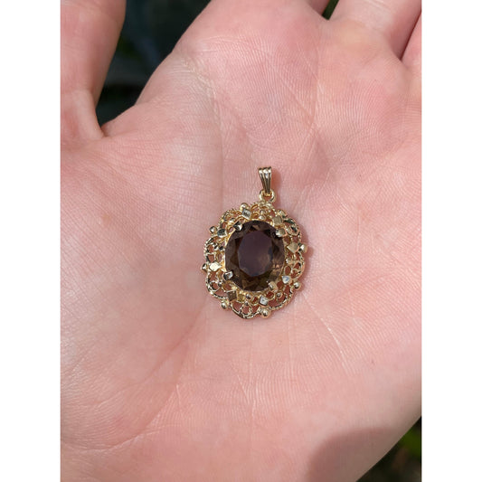 Vintage Solid 14k Yellow Gold Smoky Quartz Ornate Charm