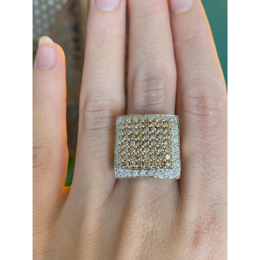 Vintage Solid 10k Yellow Gold Champagne & Clear Diamond Square Ring - Size 7