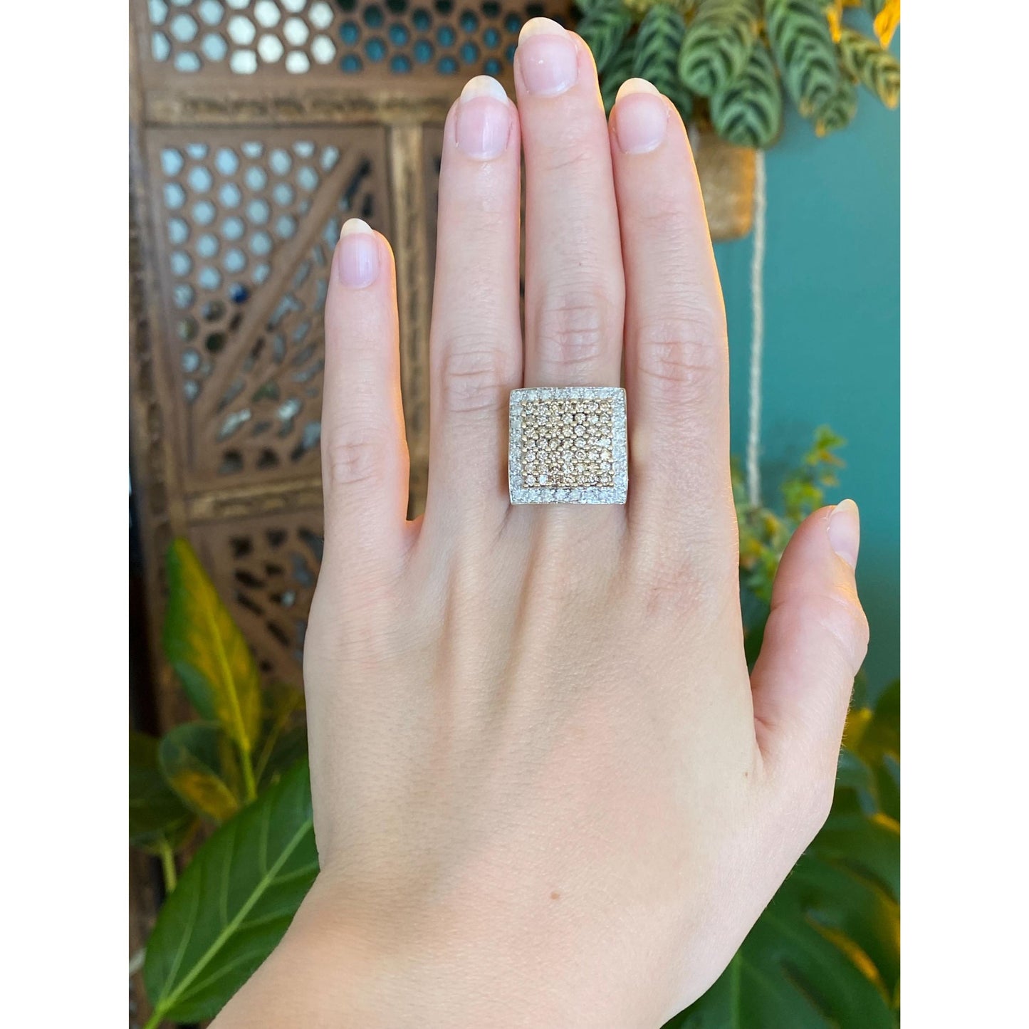 Vintage Solid 10k Yellow Gold Champagne & Clear Diamond Square Ring - Size 7