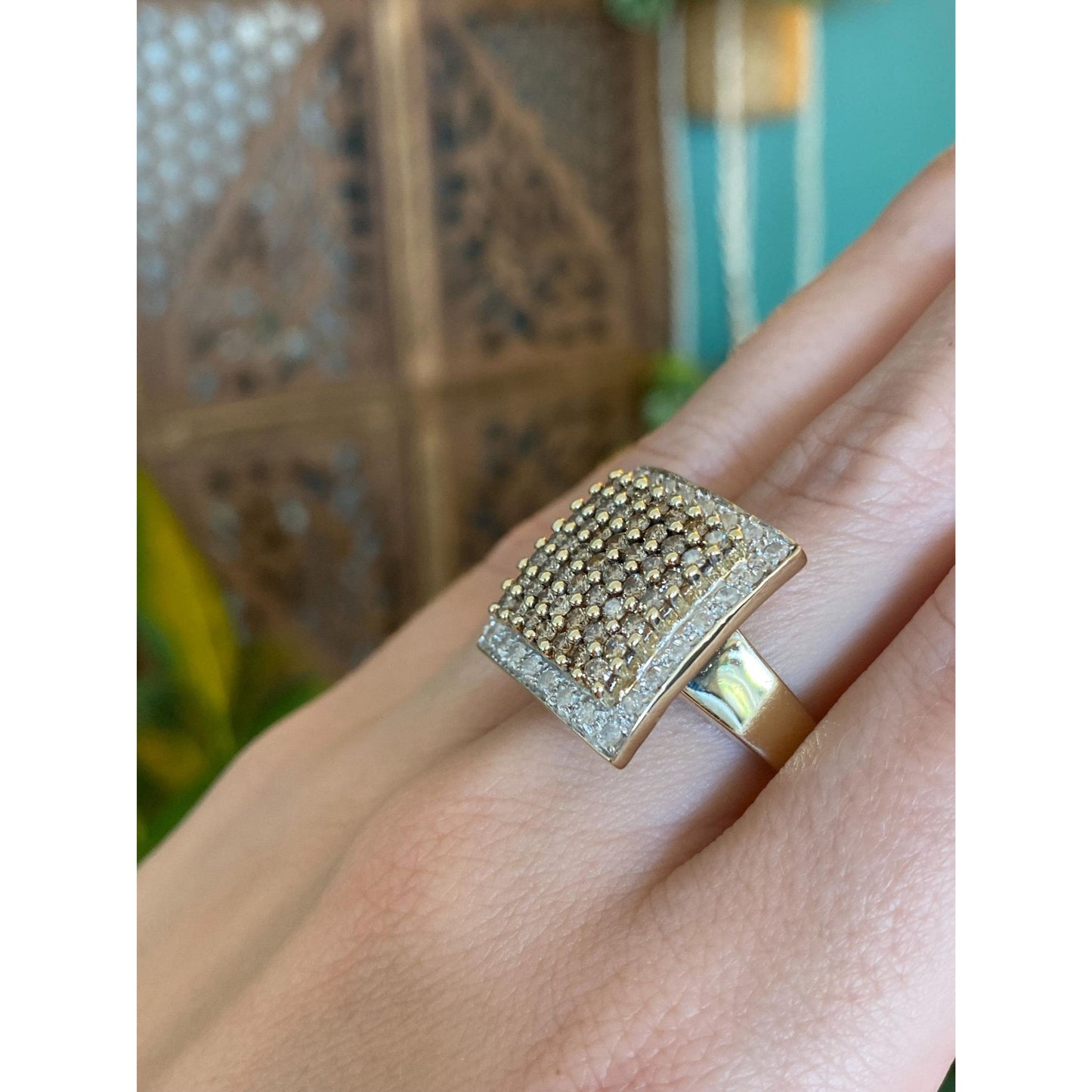 Vintage Solid 10k Yellow Gold Champagne & Clear Diamond Square Ring - Size 7