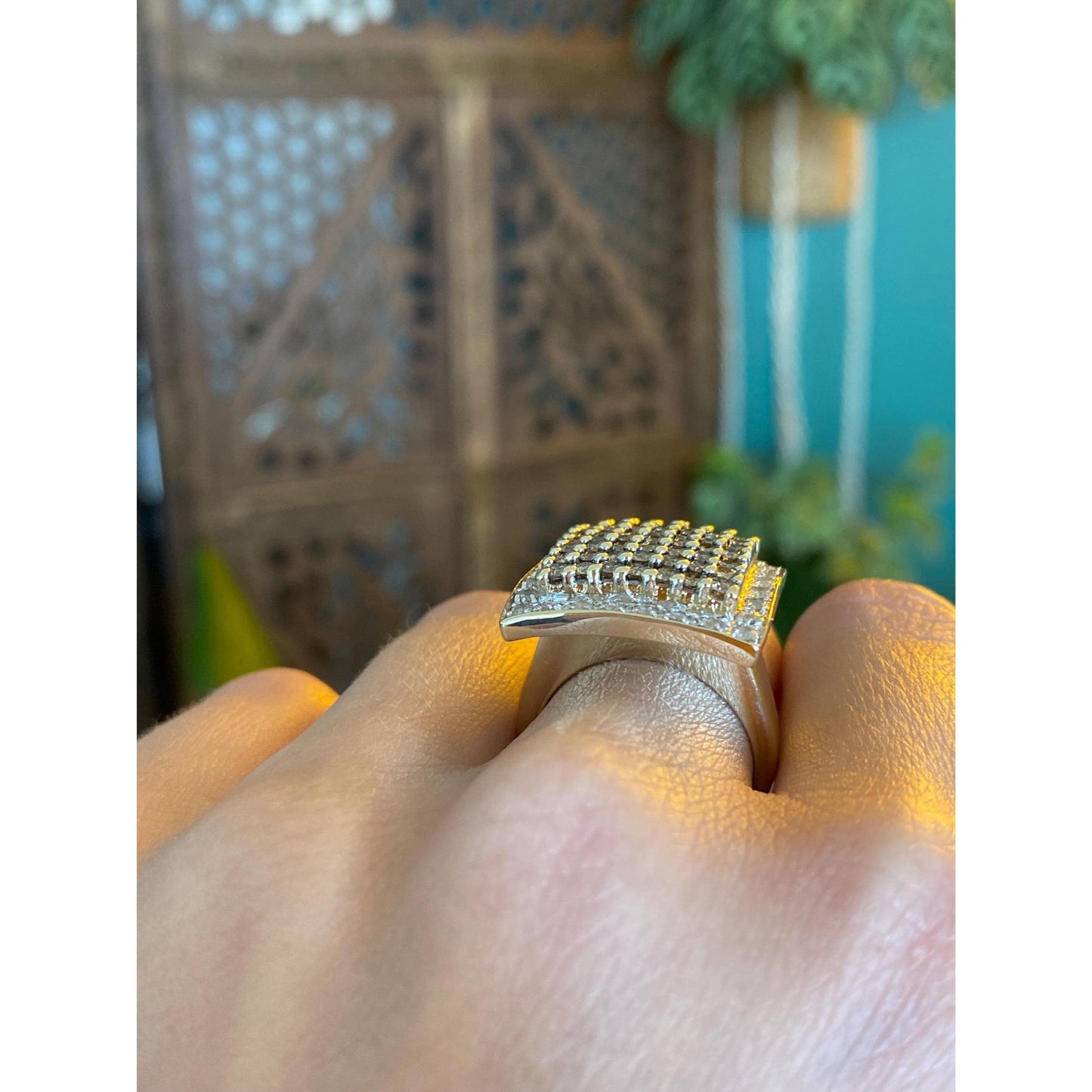 Vintage Solid 10k Yellow Gold Champagne & Clear Diamond Square Ring - Size 7