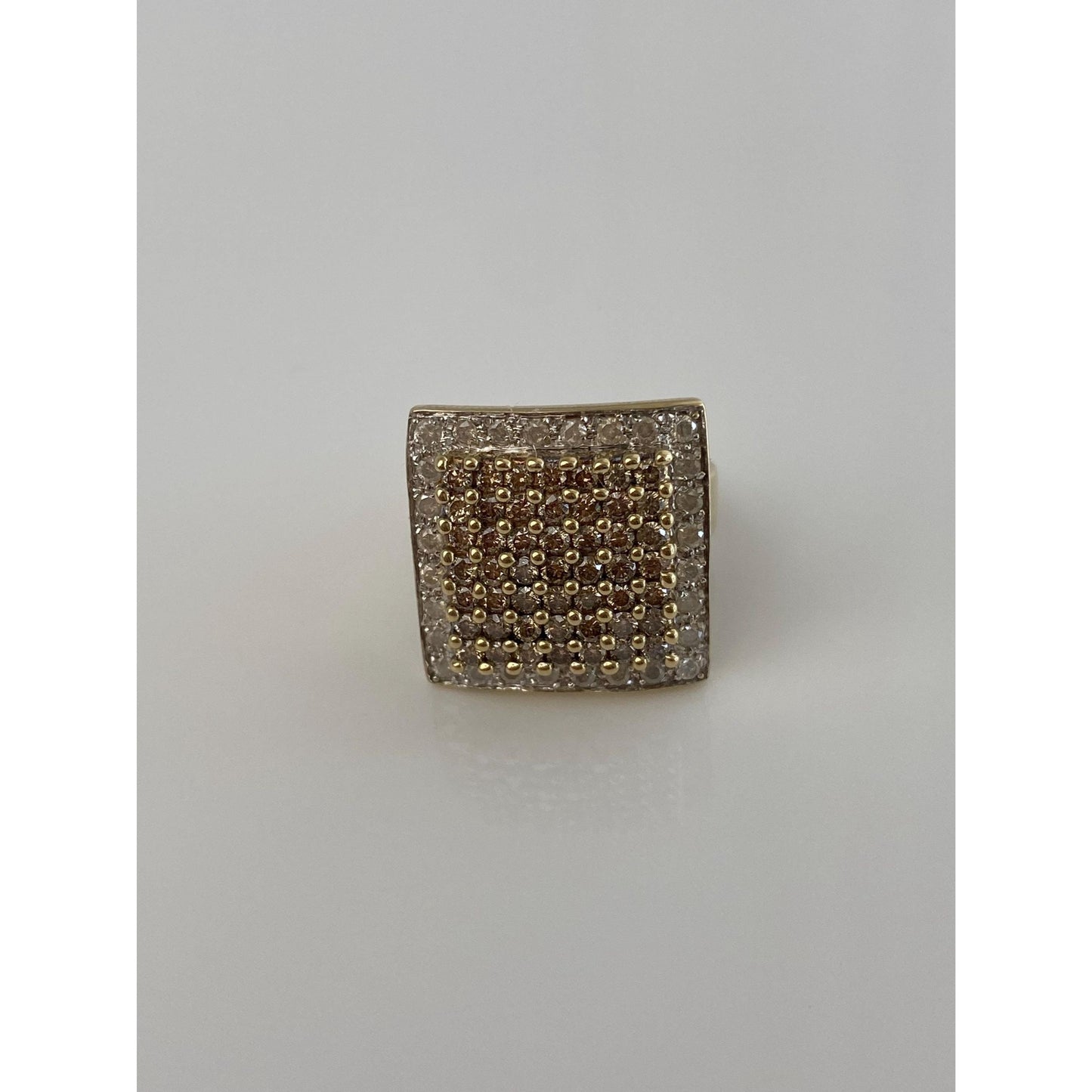 Vintage Solid 10k Yellow Gold Champagne & Clear Diamond Square Ring - Size 7
