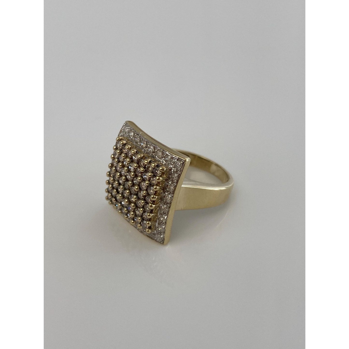 Vintage Solid 10k Yellow Gold Champagne & Clear Diamond Square Ring - Size 7