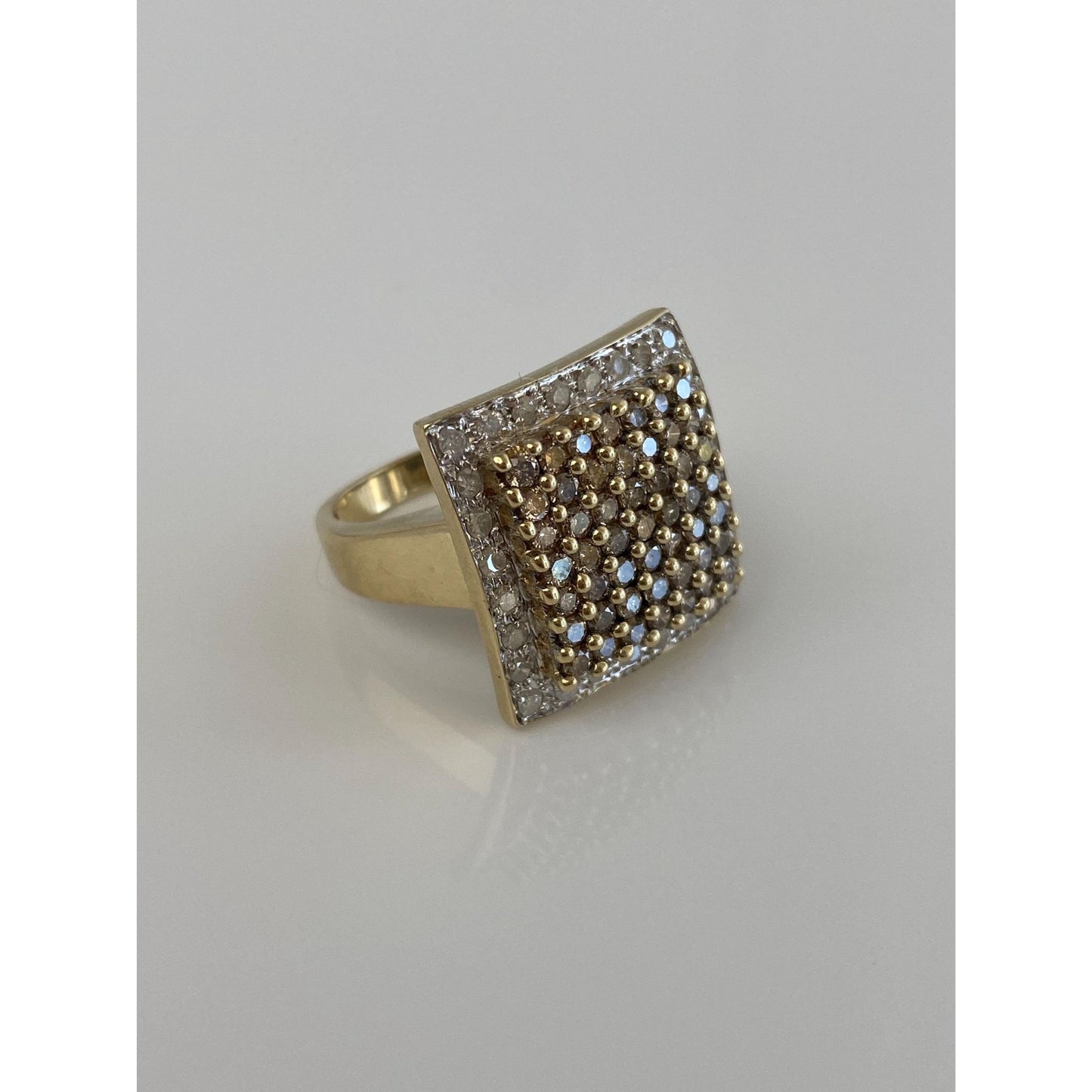 Vintage Solid 10k Yellow Gold Champagne & Clear Diamond Square Ring - Size 7