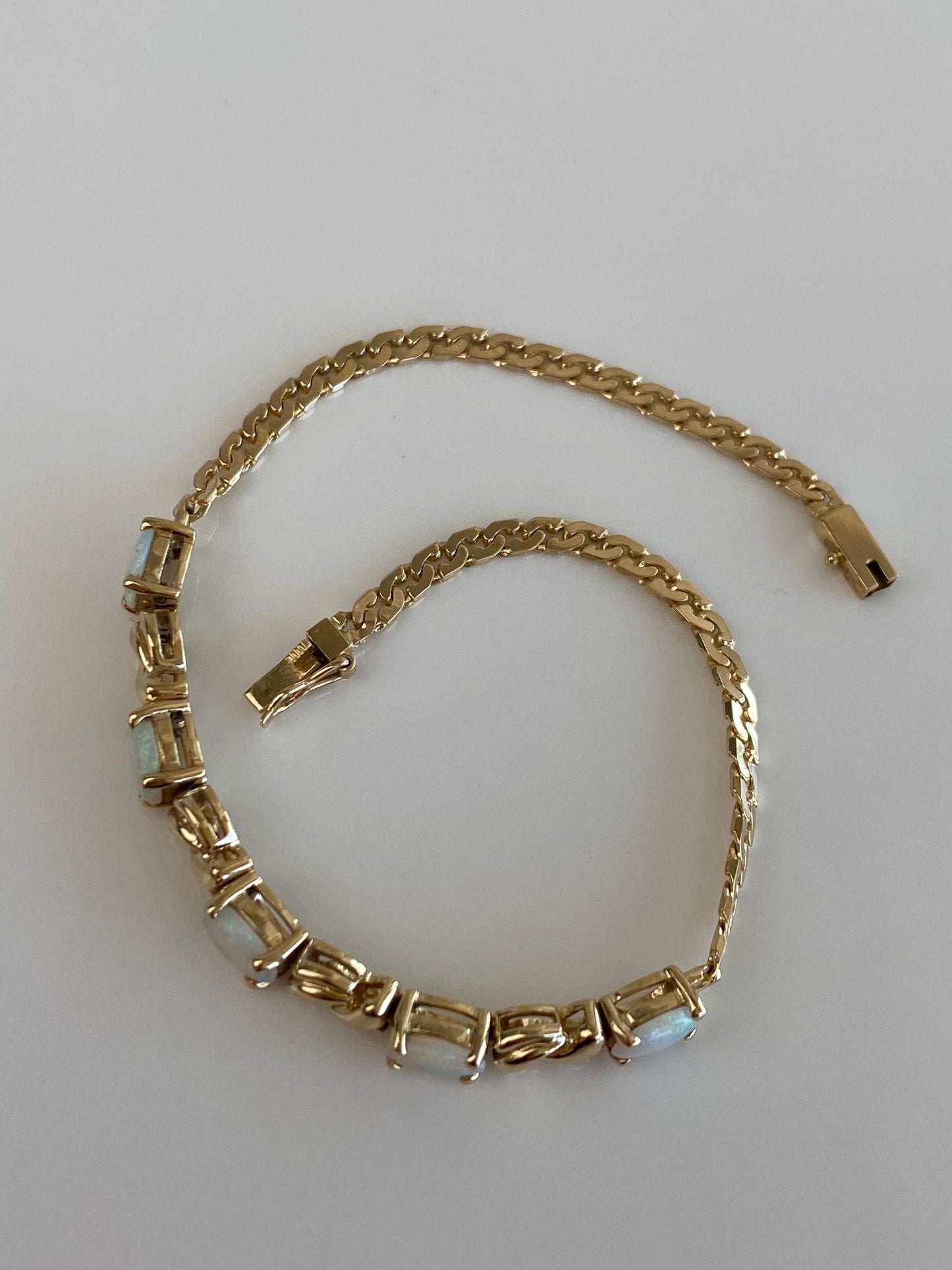 Vintage Solid 14k Yellow Gold Opal Flat Curb Chain Bracelet - 6.75 inches