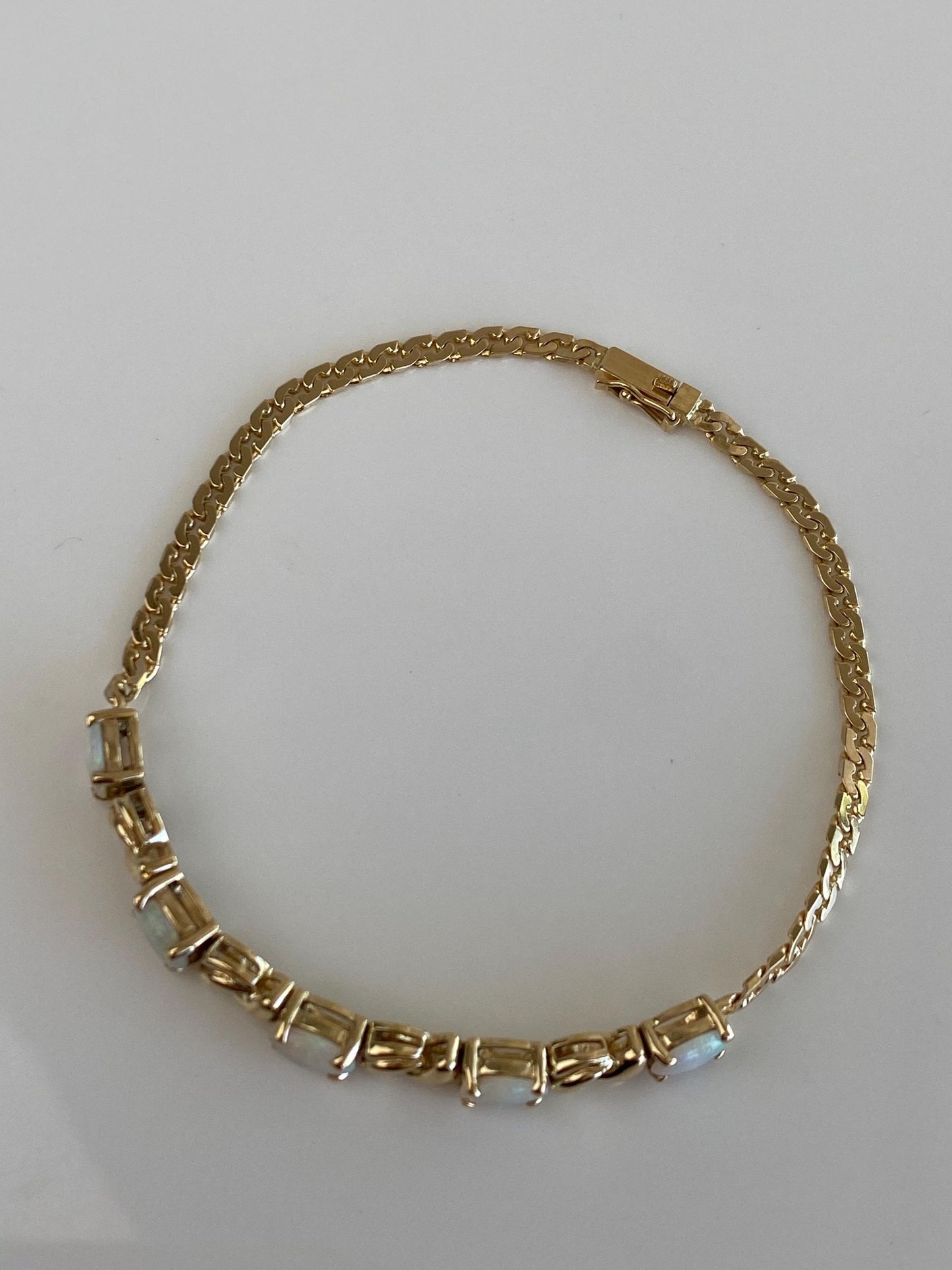 Vintage Solid 14k Yellow Gold Opal Flat Curb Chain Bracelet - 6.75 inches
