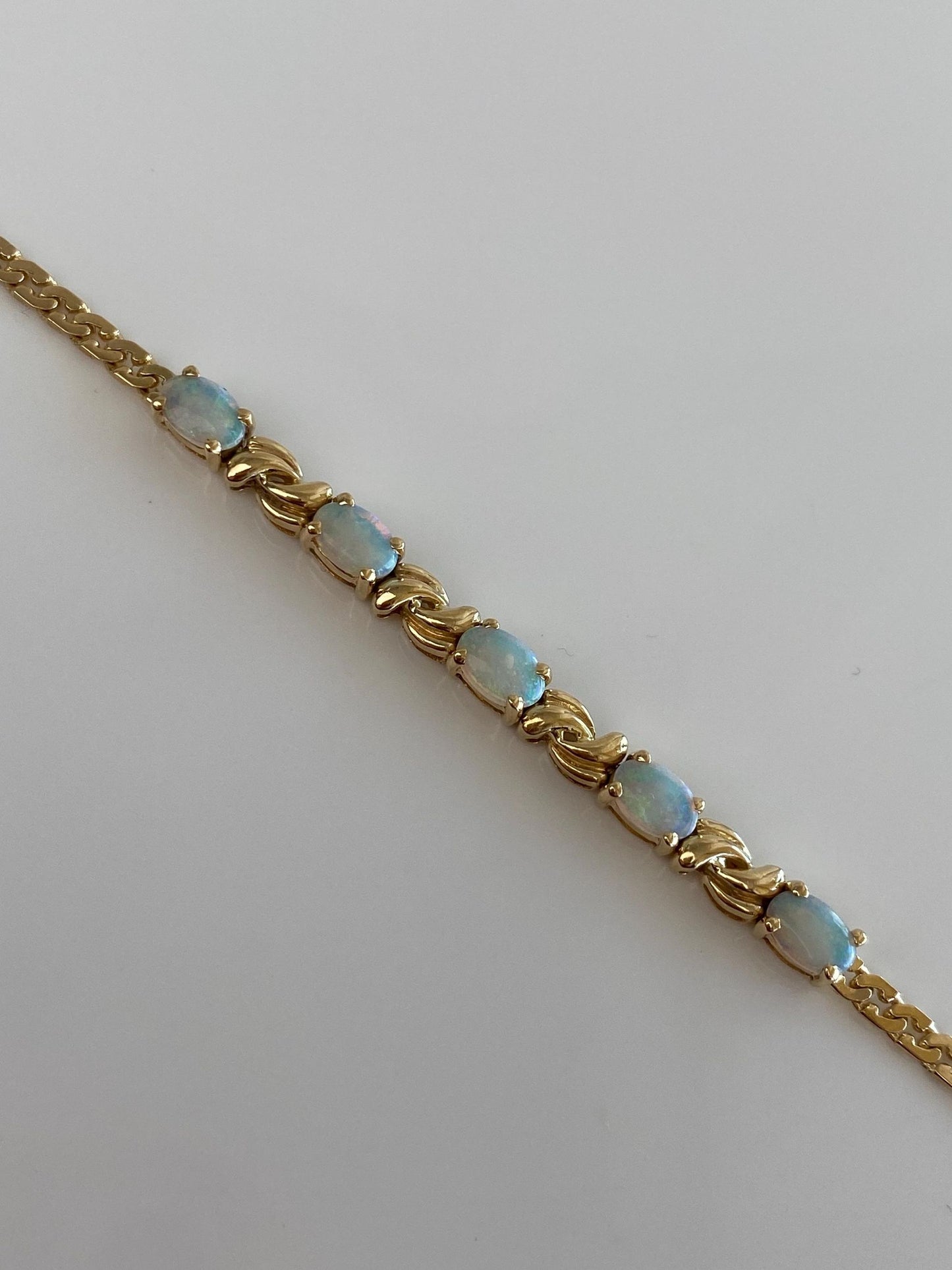 Vintage Solid 14k Yellow Gold Opal Flat Curb Chain Bracelet - 6.75 inches