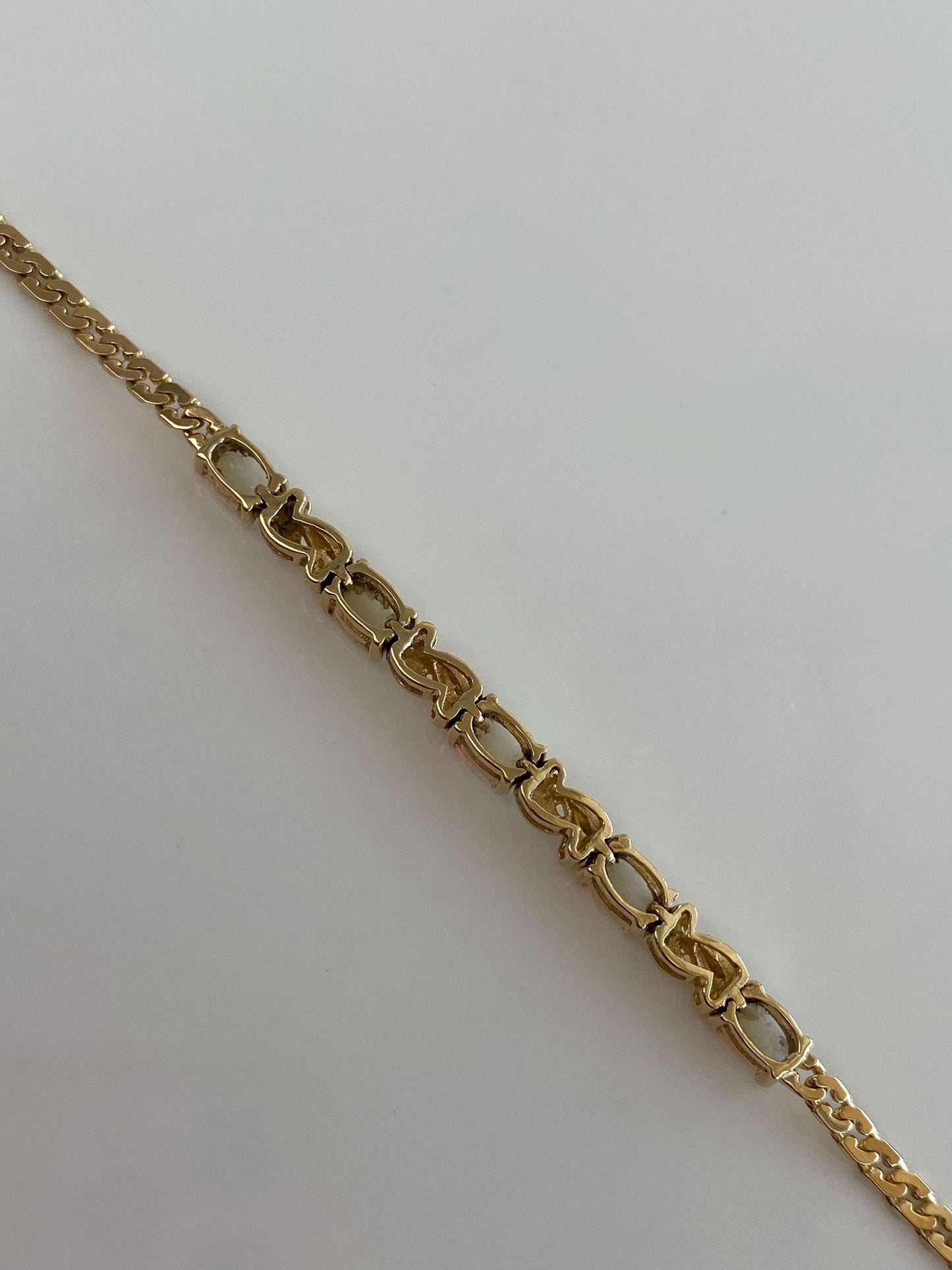 Vintage Solid 14k Yellow Gold Opal Flat Curb Chain Bracelet - 6.75 inches