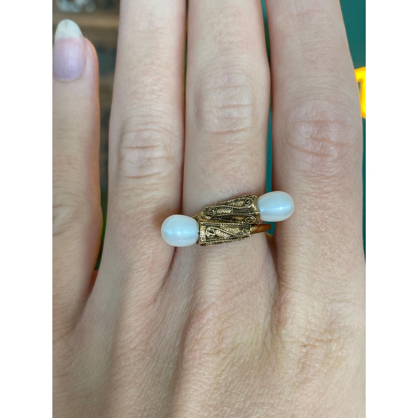 Solid 14k Yellow Gold Pearl Bypass Ring - Size 6.25