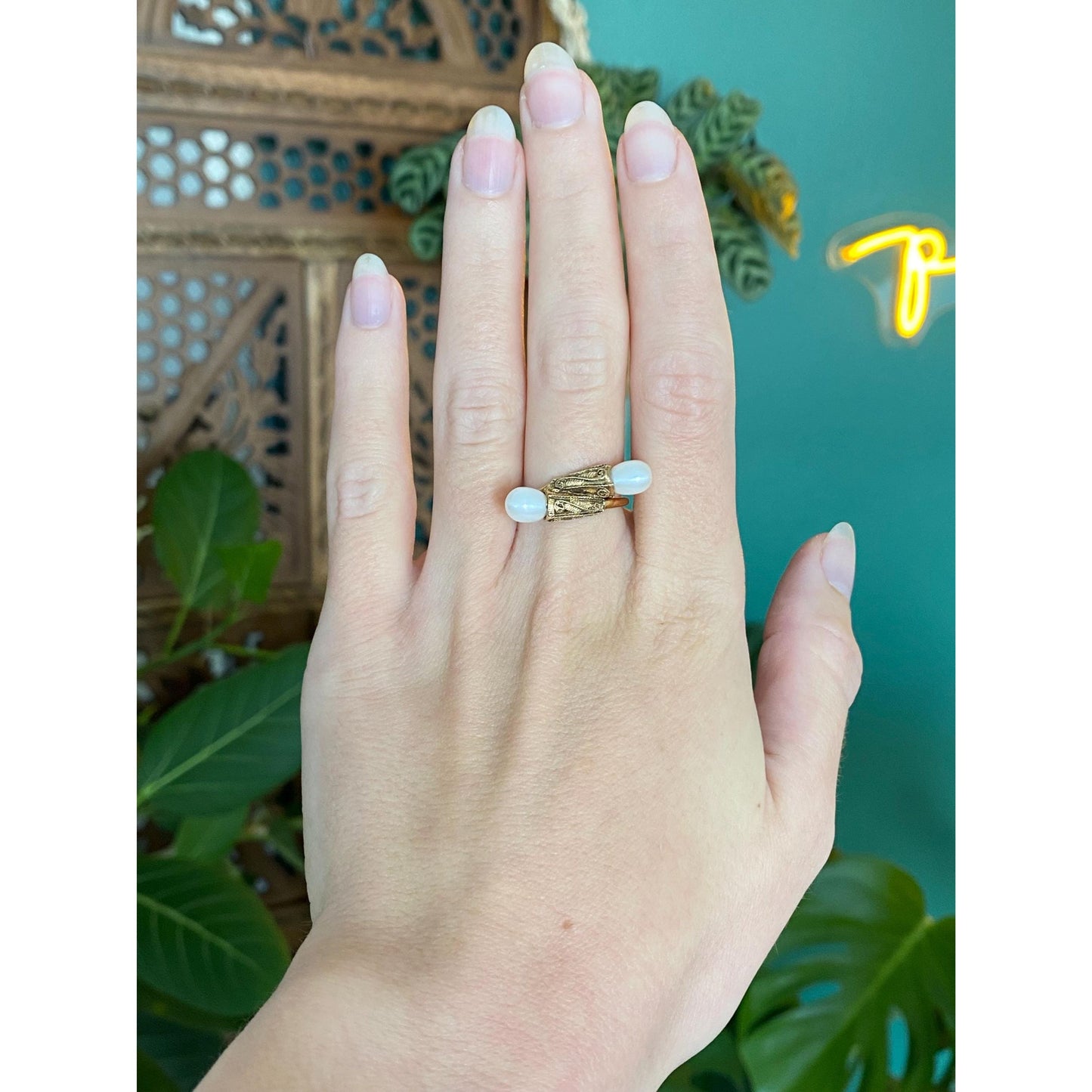 Solid 14k Yellow Gold Pearl Bypass Ring - Size 6.25