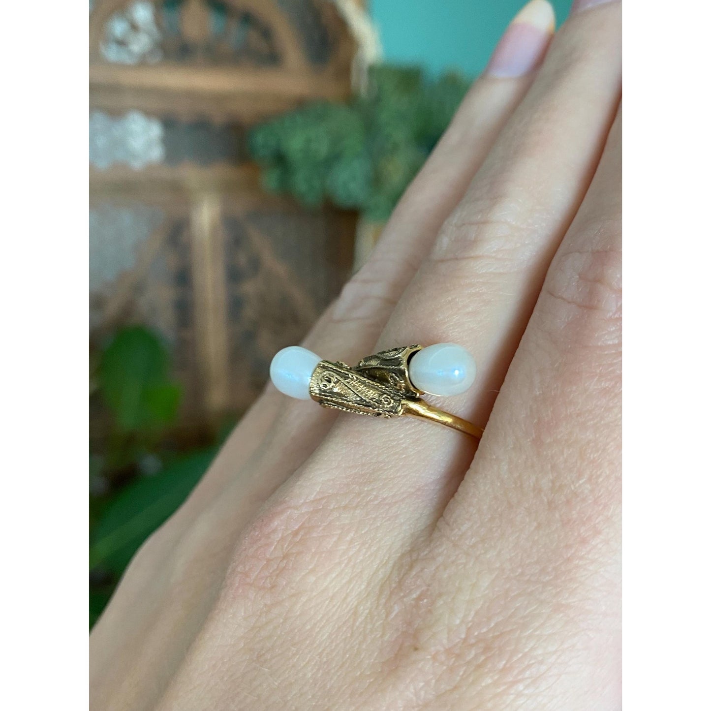 Solid 14k Yellow Gold Pearl Bypass Ring - Size 6.25