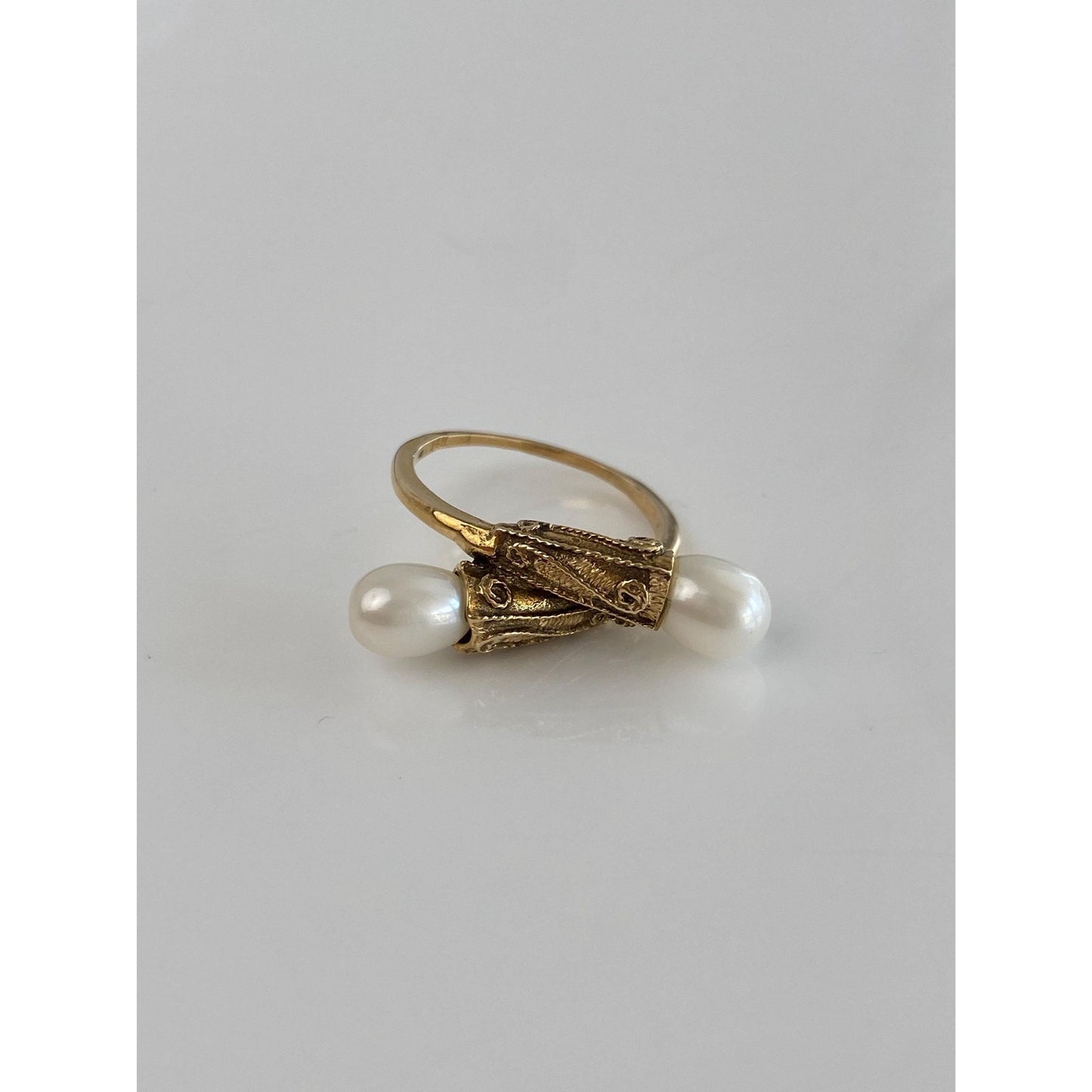 Solid 14k Yellow Gold Pearl Bypass Ring - Size 6.25