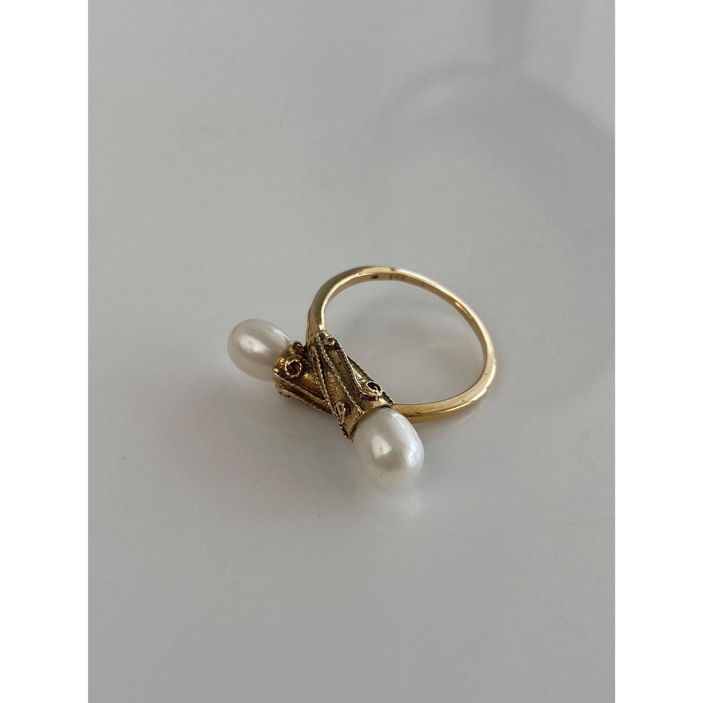 Solid 14k Yellow Gold Pearl Bypass Ring - Size 6.25