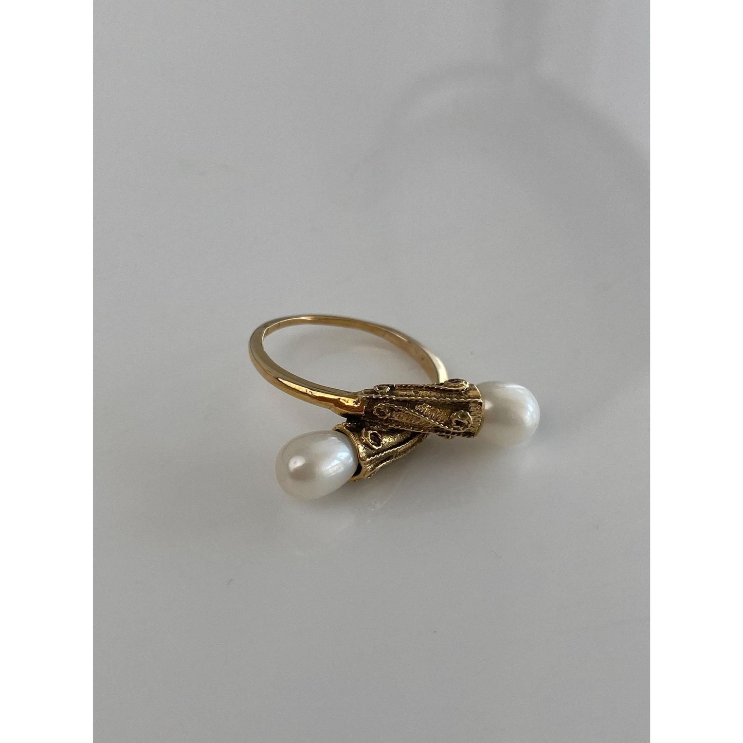 Solid 14k Yellow Gold Pearl Bypass Ring - Size 6.25