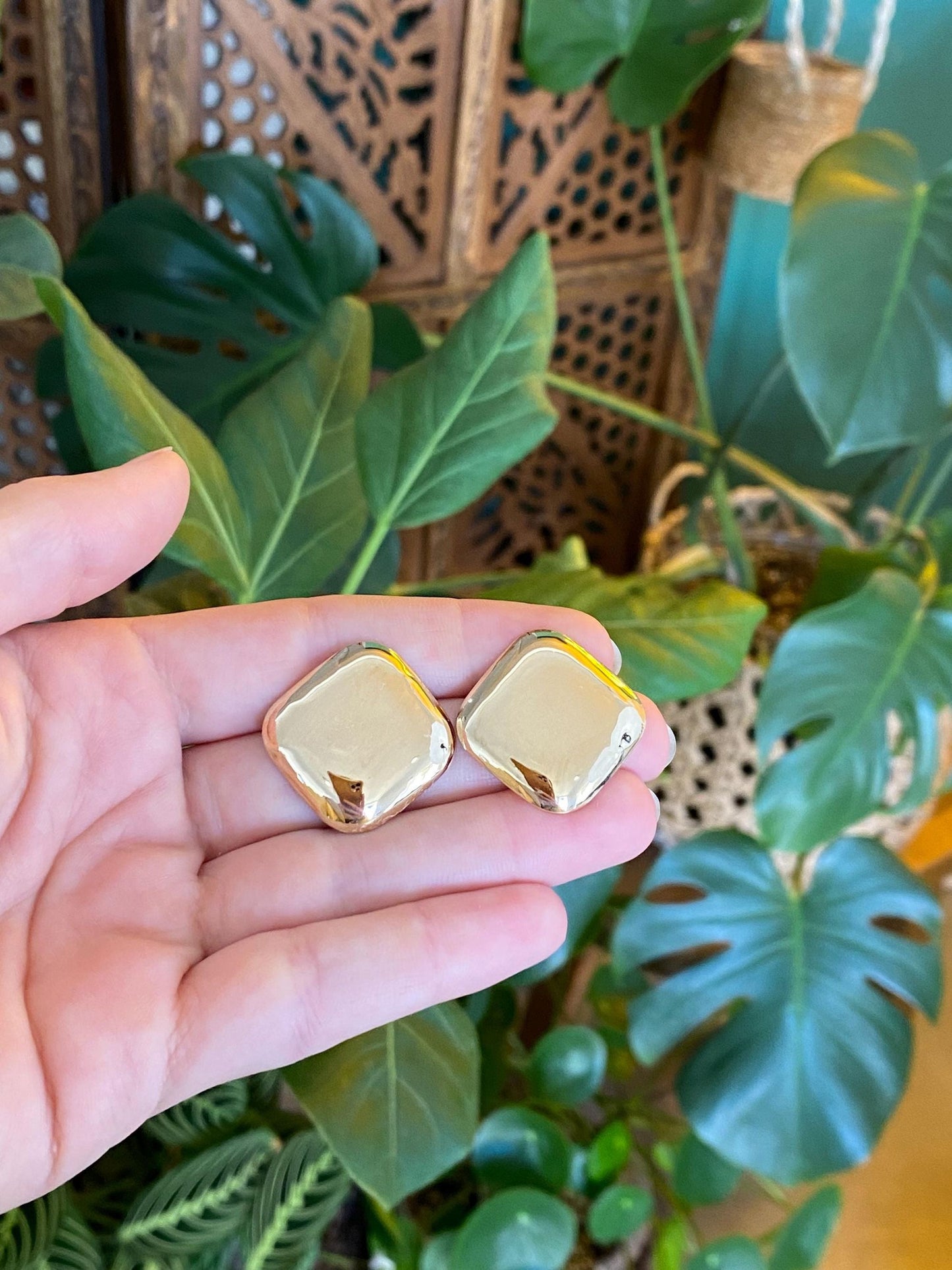 Vintage Solid 14k Yellow Gold Domed Soft Square Stud Earrings