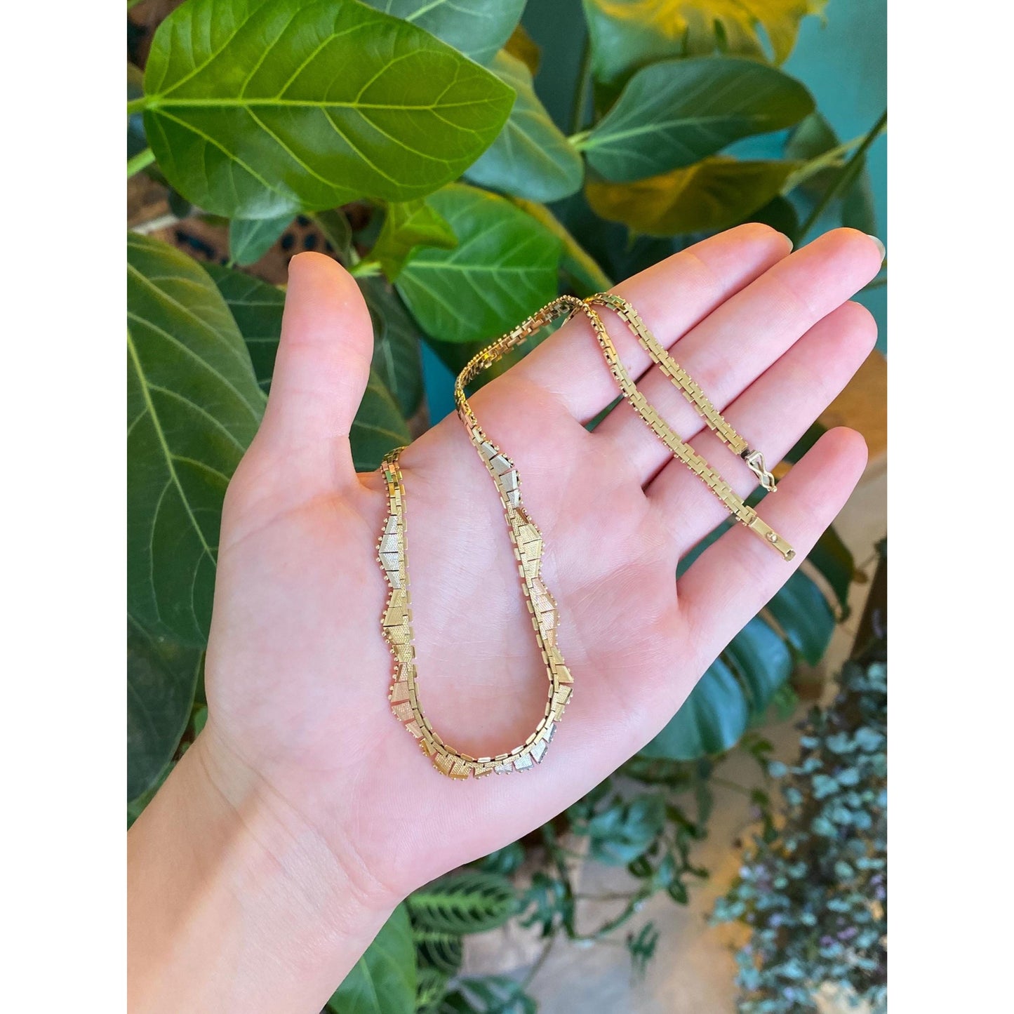 Solid 14k Tri Tone Gold Flat Fancy Necklace - 16 inches