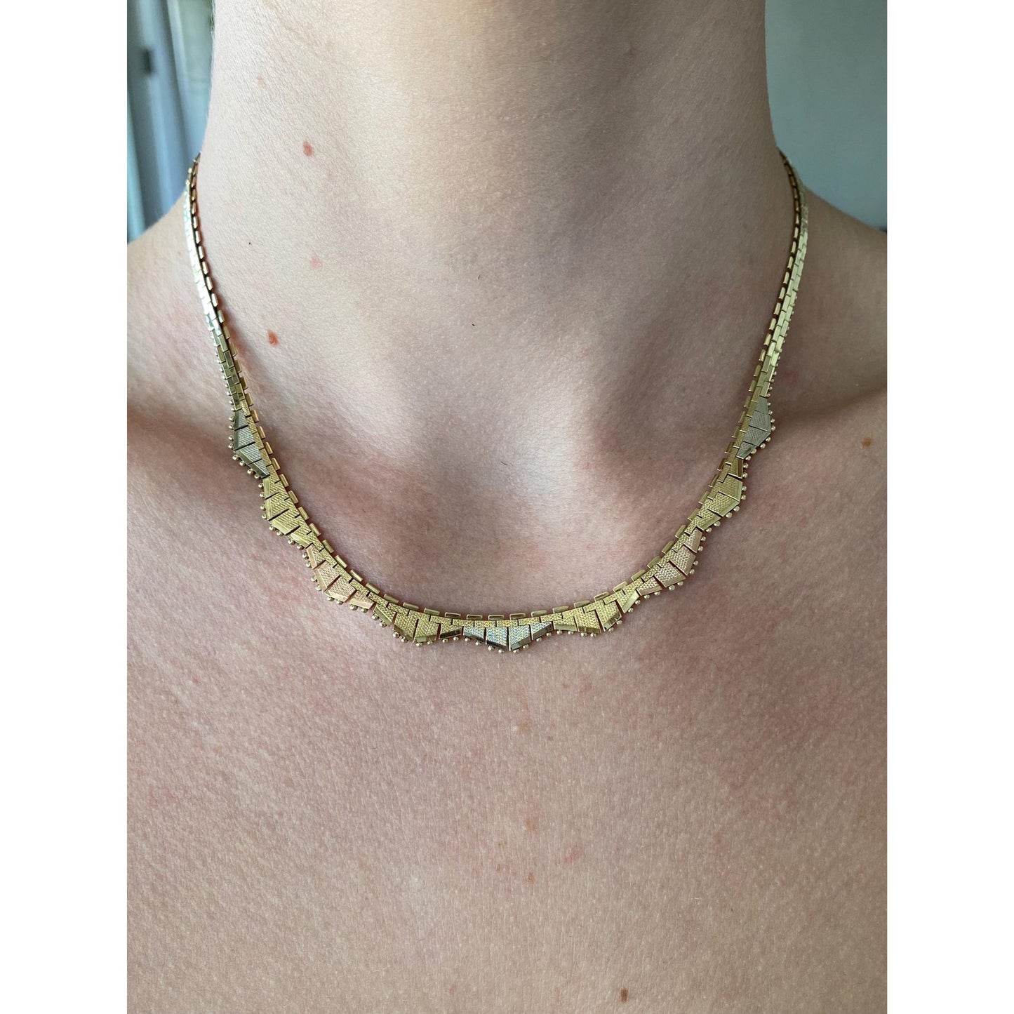 Solid 14k Tri Tone Gold Flat Fancy Necklace - 16 inches