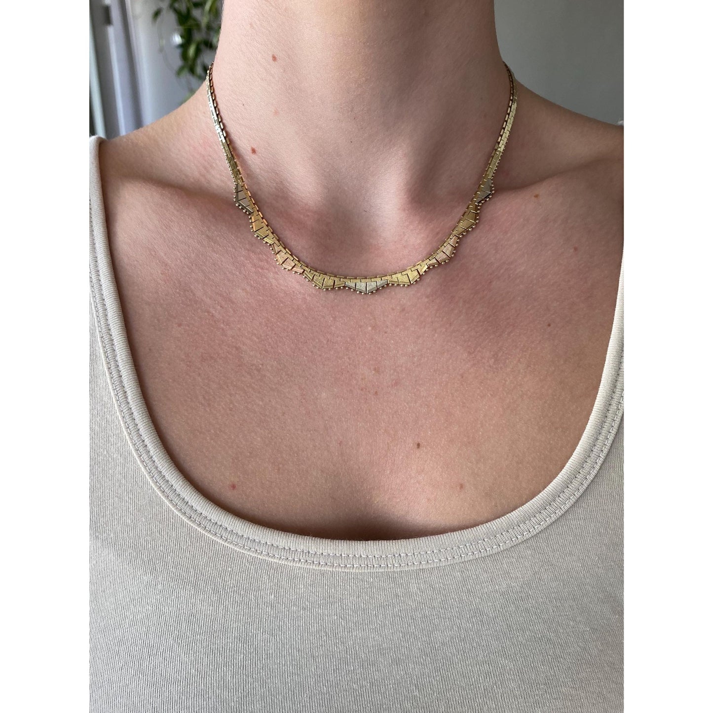 Solid 14k Tri Tone Gold Flat Fancy Necklace - 16 inches