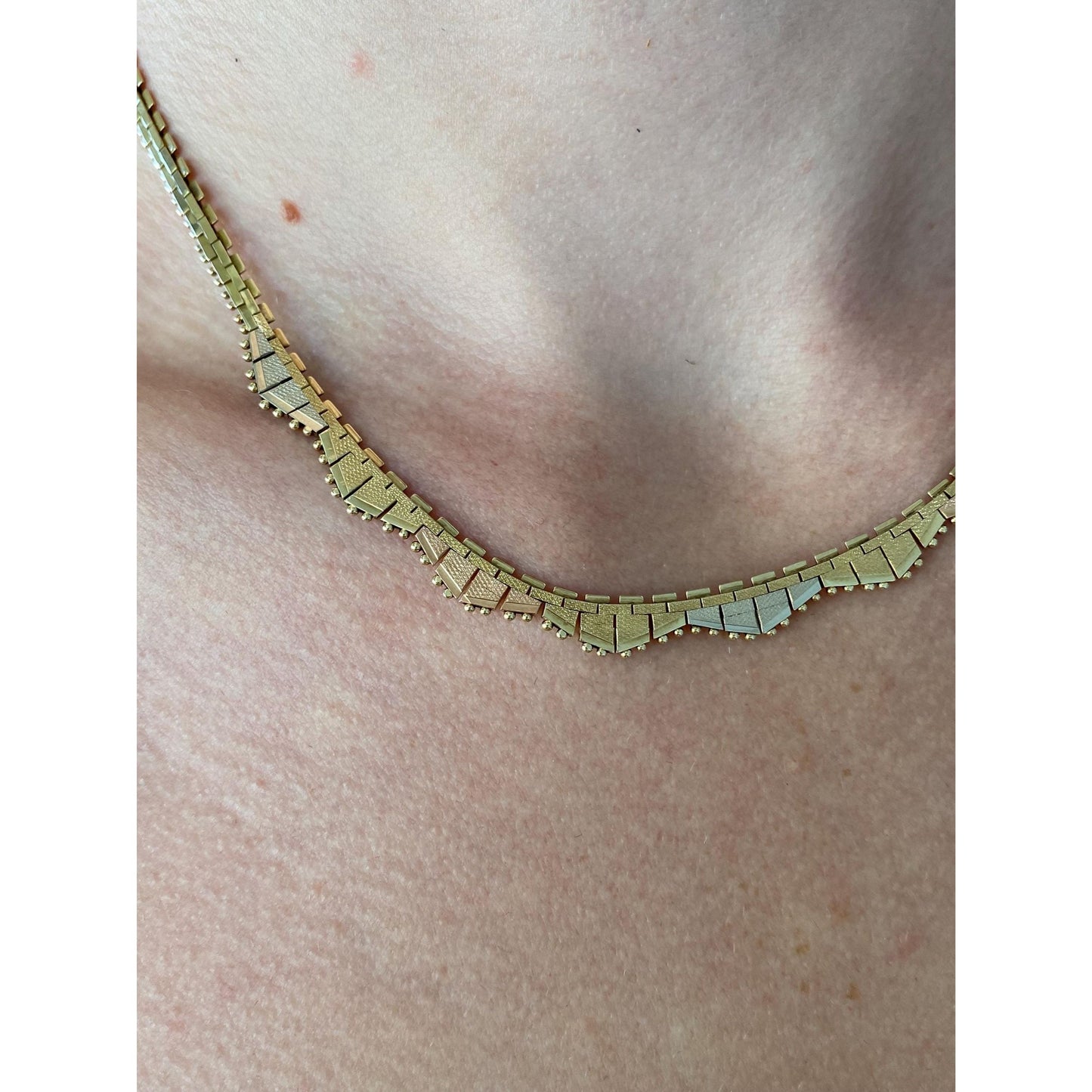 Solid 14k Tri Tone Gold Flat Fancy Necklace - 16 inches