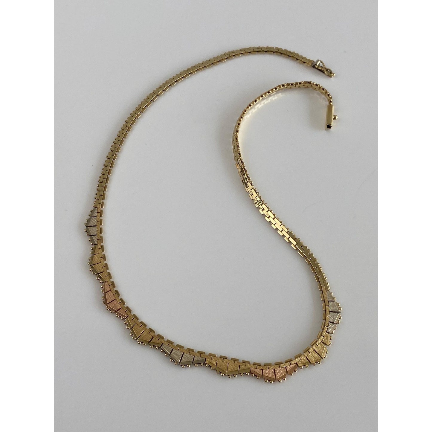 Solid 14k Tri Tone Gold Flat Fancy Necklace - 16 inches