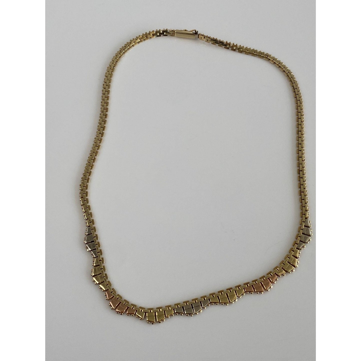 Solid 14k Tri Tone Gold Flat Fancy Necklace - 16 inches