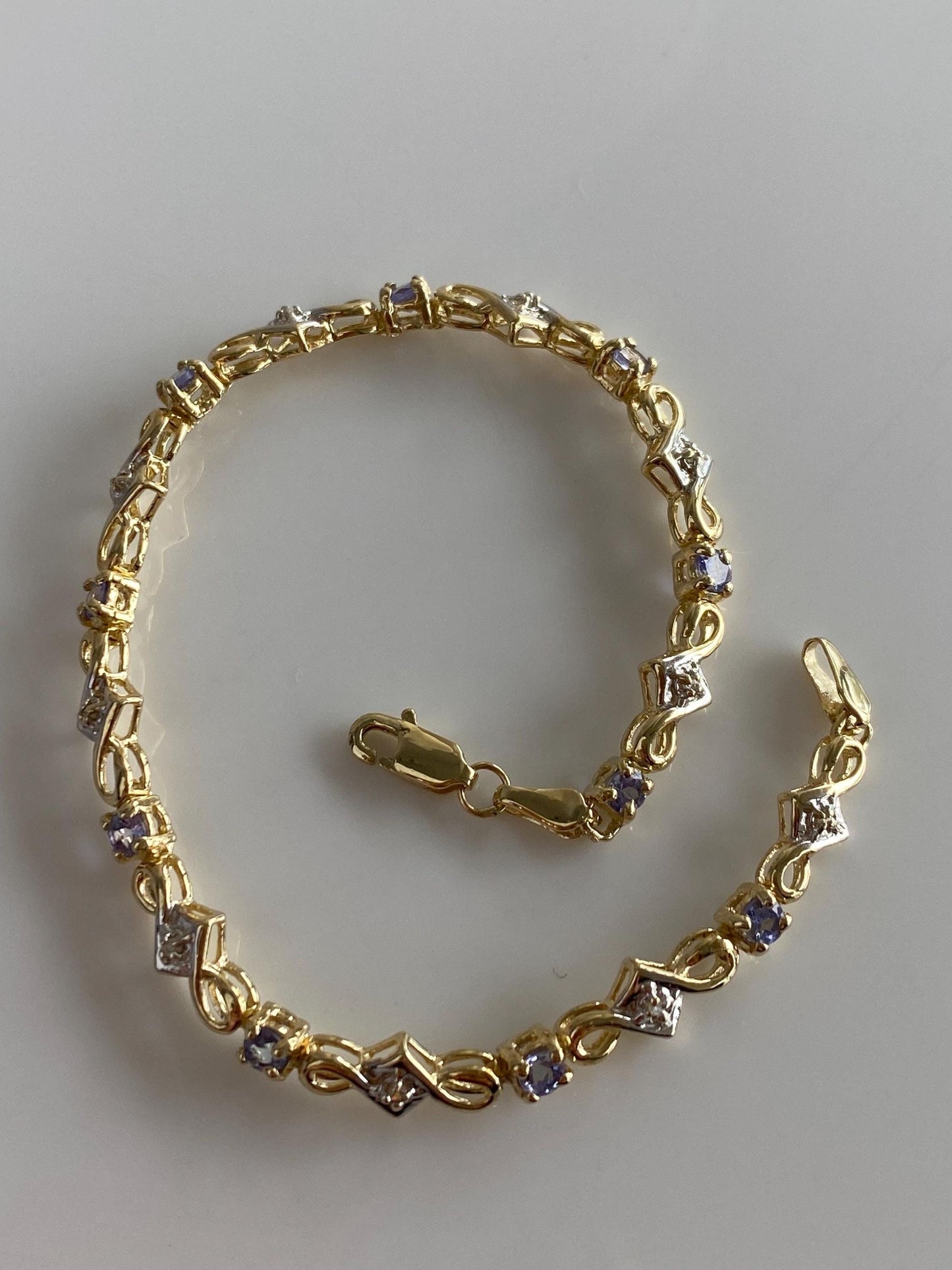 Vintage Solid 10k White & Yellow Gold Tanzanite Diamond Link Bracelet - 7.25 inches