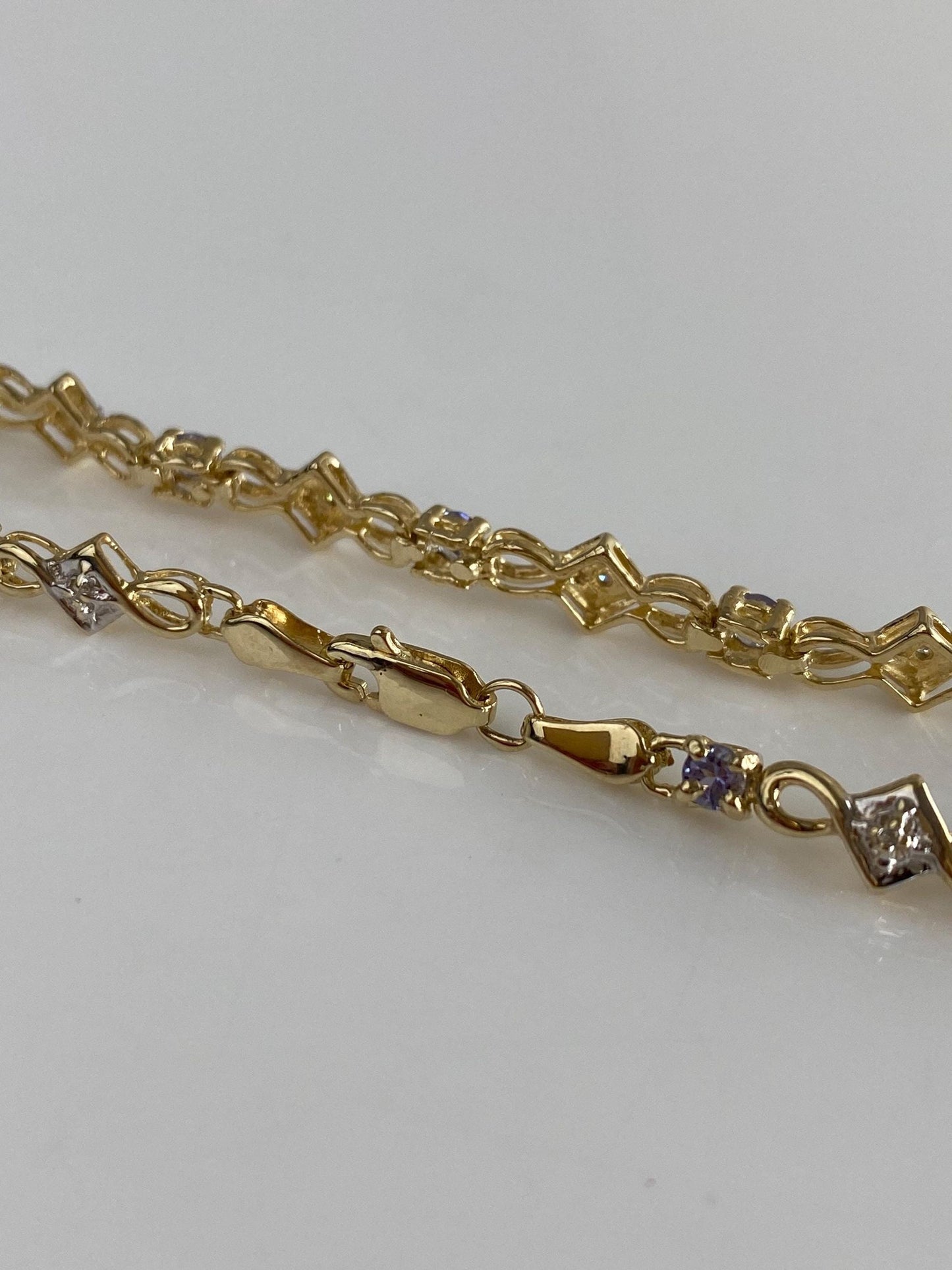 Vintage Solid 10k White & Yellow Gold Tanzanite Diamond Link Bracelet - 7.25 inches