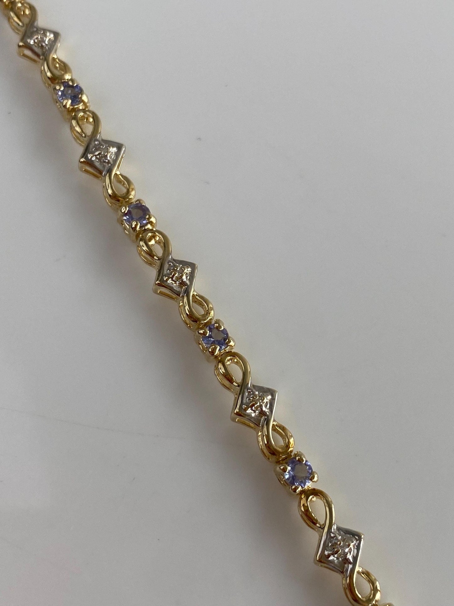 Vintage Solid 10k White & Yellow Gold Tanzanite Diamond Link Bracelet - 7.25 inches