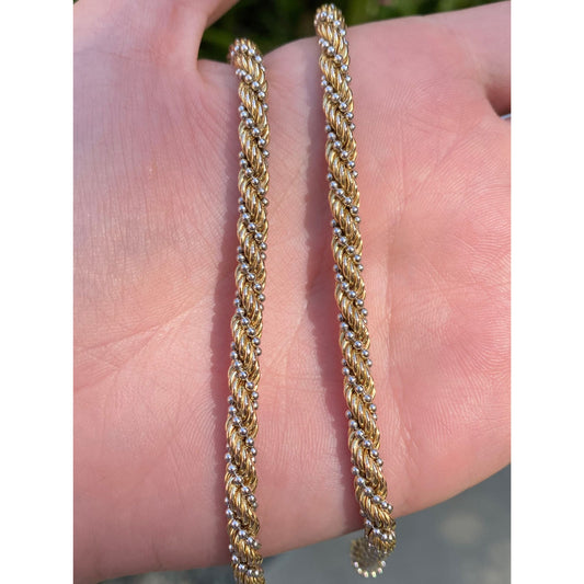 Solid 14k White & Yellow Gold Twisted Rope Ball Chain Necklace - 19.75 inches