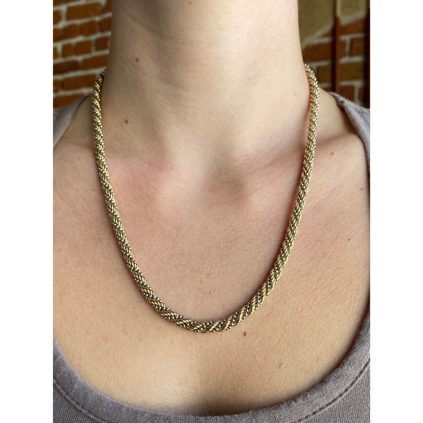 Solid 14k White & Yellow Gold Twisted Rope Ball Chain Necklace - 19.75 inches