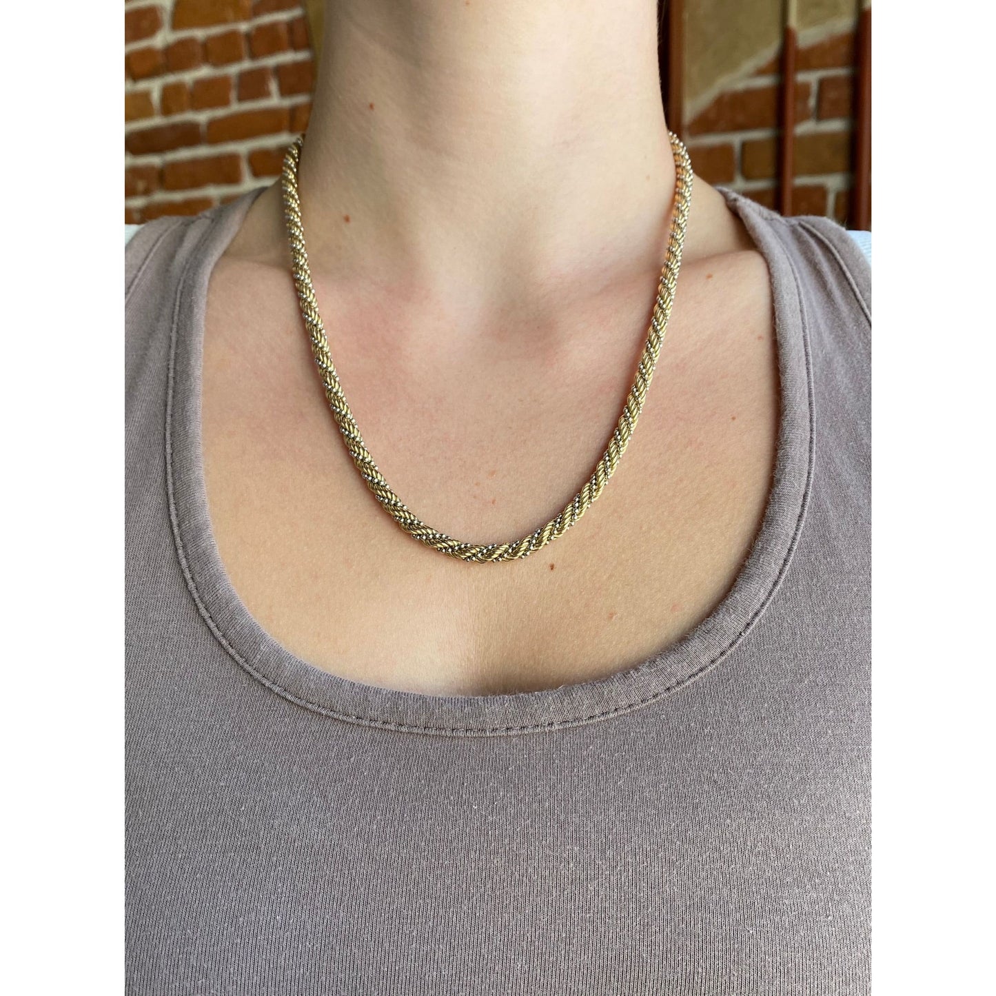 Solid 14k White & Yellow Gold Twisted Rope Ball Chain Necklace - 19.75 inches