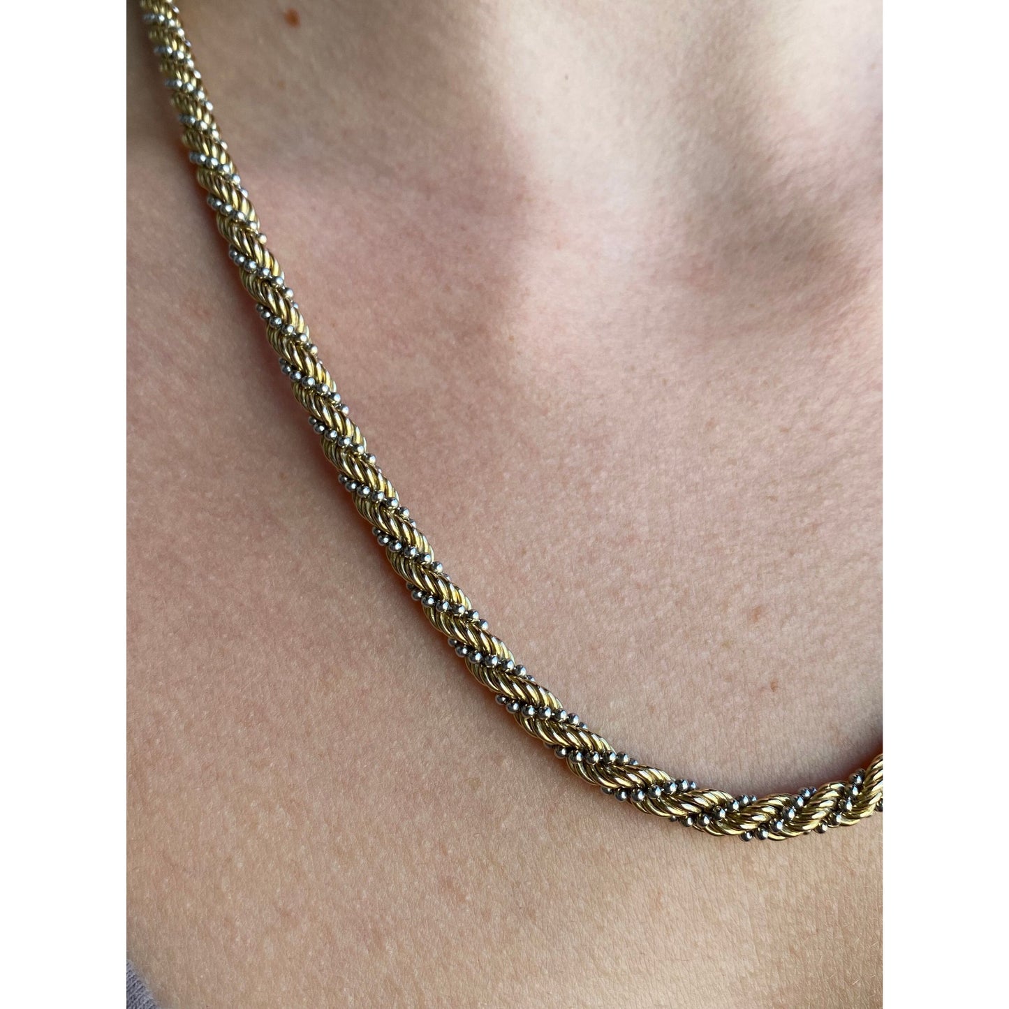 Solid 14k White & Yellow Gold Twisted Rope Ball Chain Necklace - 19.75 inches