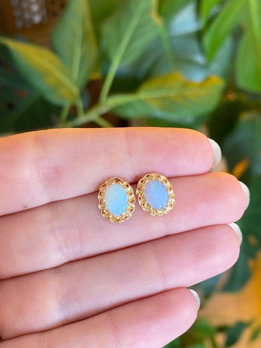 Vintage Solid 14k Yellow Gold Opal Stud Earrings