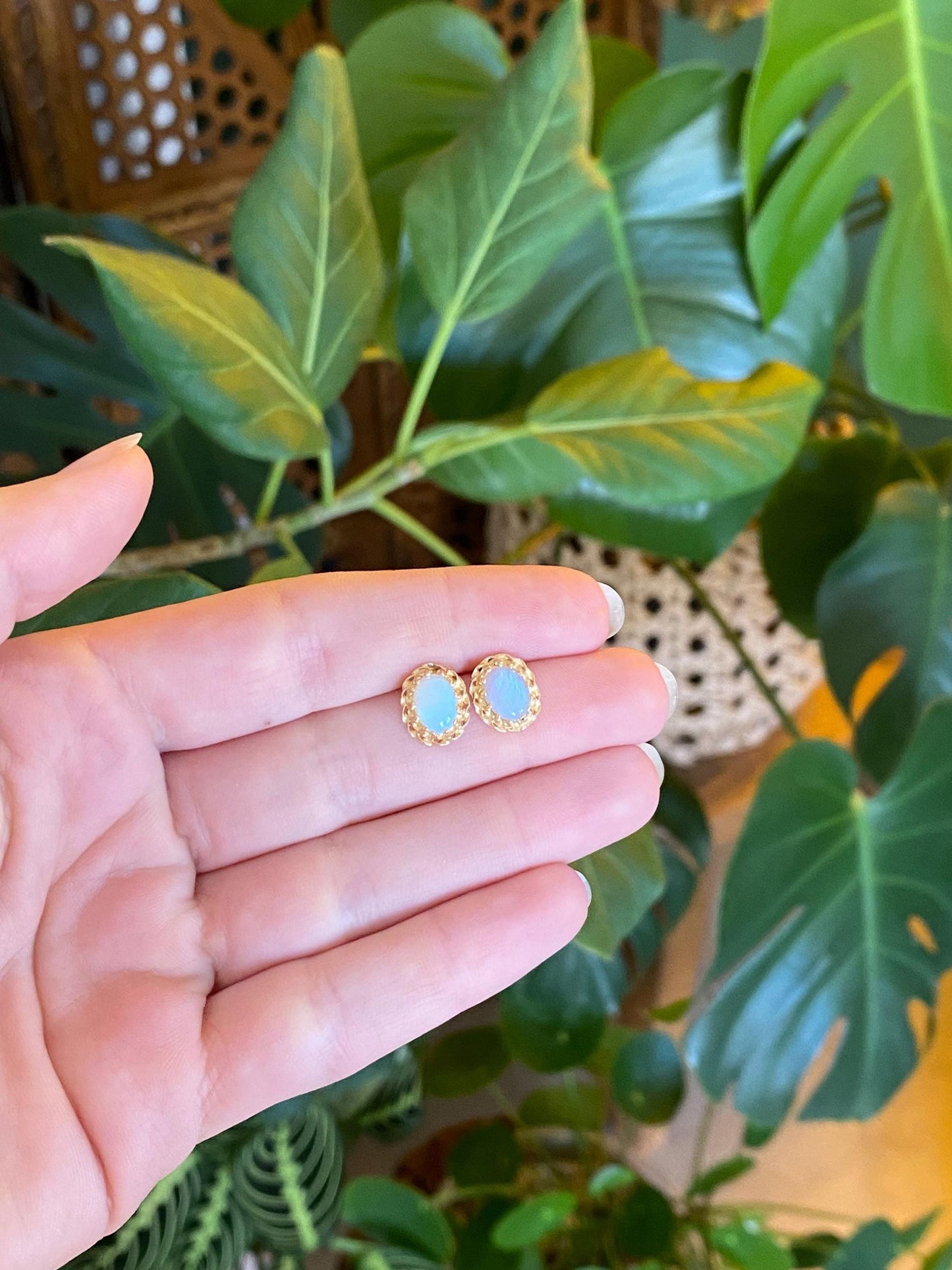 Vintage Solid 14k Yellow Gold Opal Stud Earrings