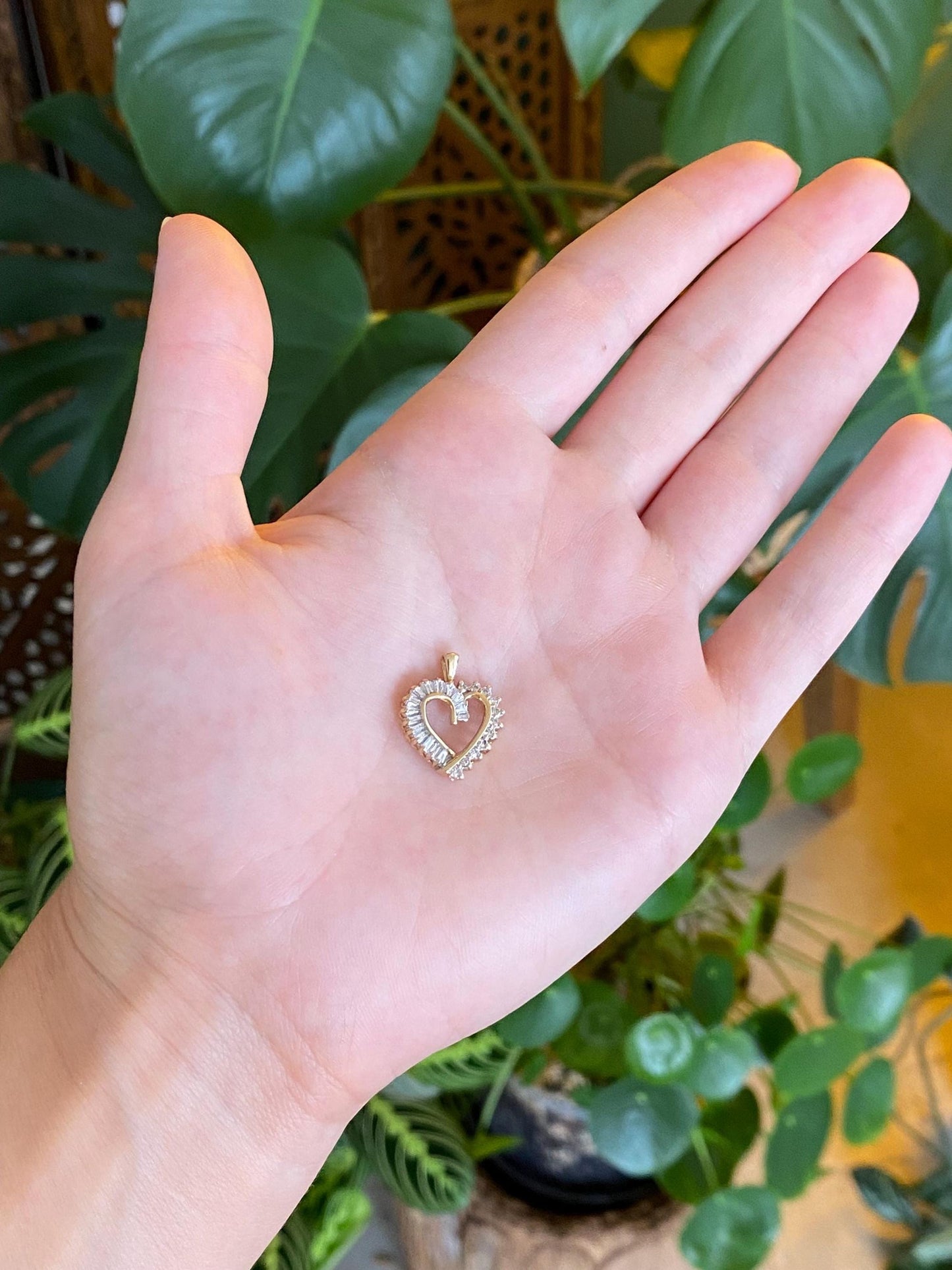 Vintage Solid 10k Yellow Gold Baguette & Round Diamonds Heart Charm