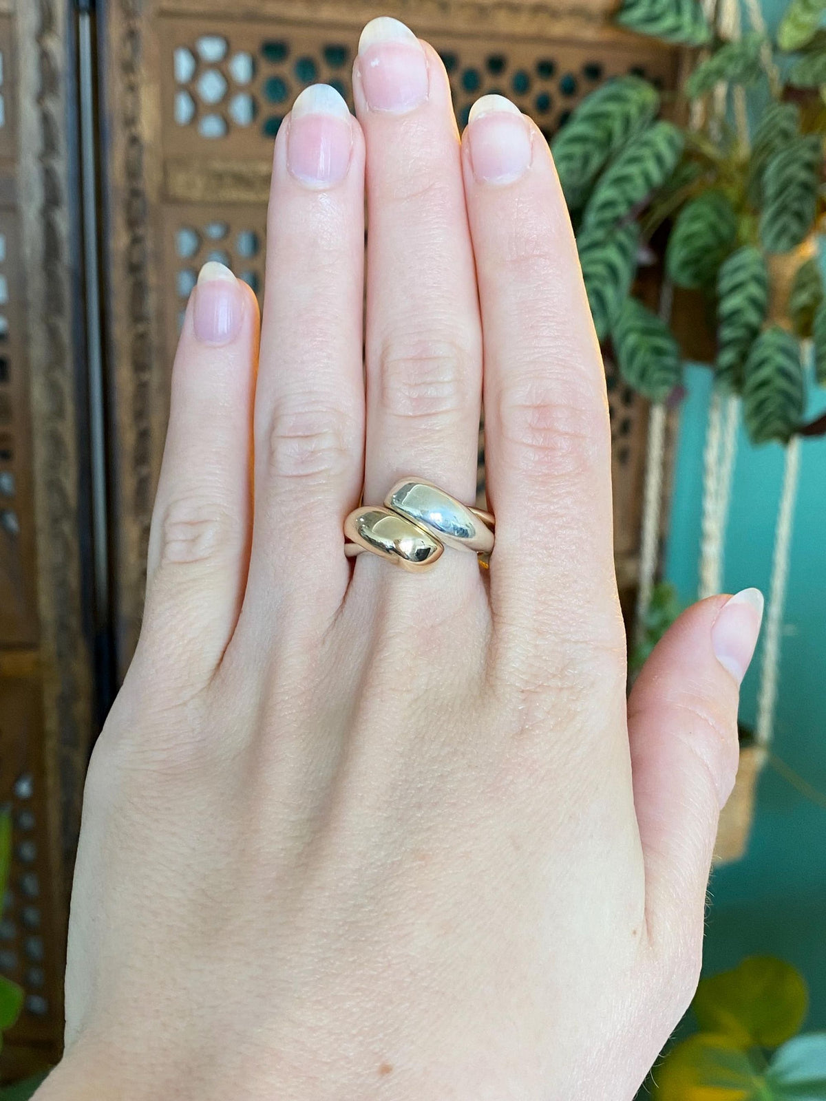 Vintage Solid 14k Yellow Gold & Sterling Silver Interlocking Twist Ring - Size 8.5