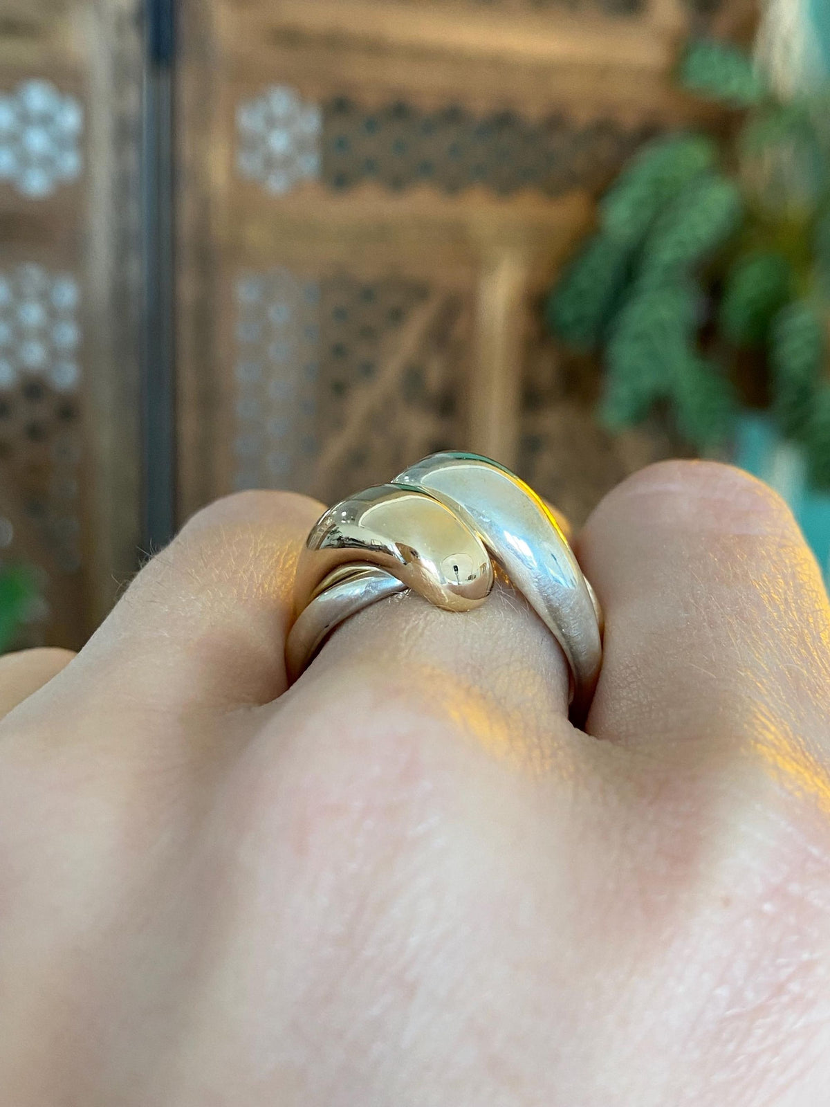 Vintage Solid 14k Yellow Gold & Sterling Silver Interlocking Twist Ring - Size 8.5
