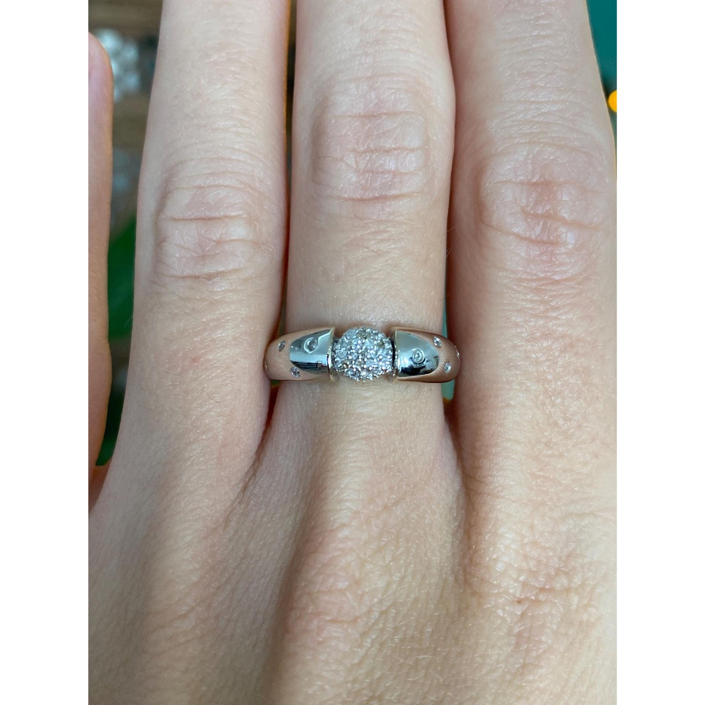 Vintage Solid 14k White Gold Diamond Cluster Dotted Ring - Size 6.75