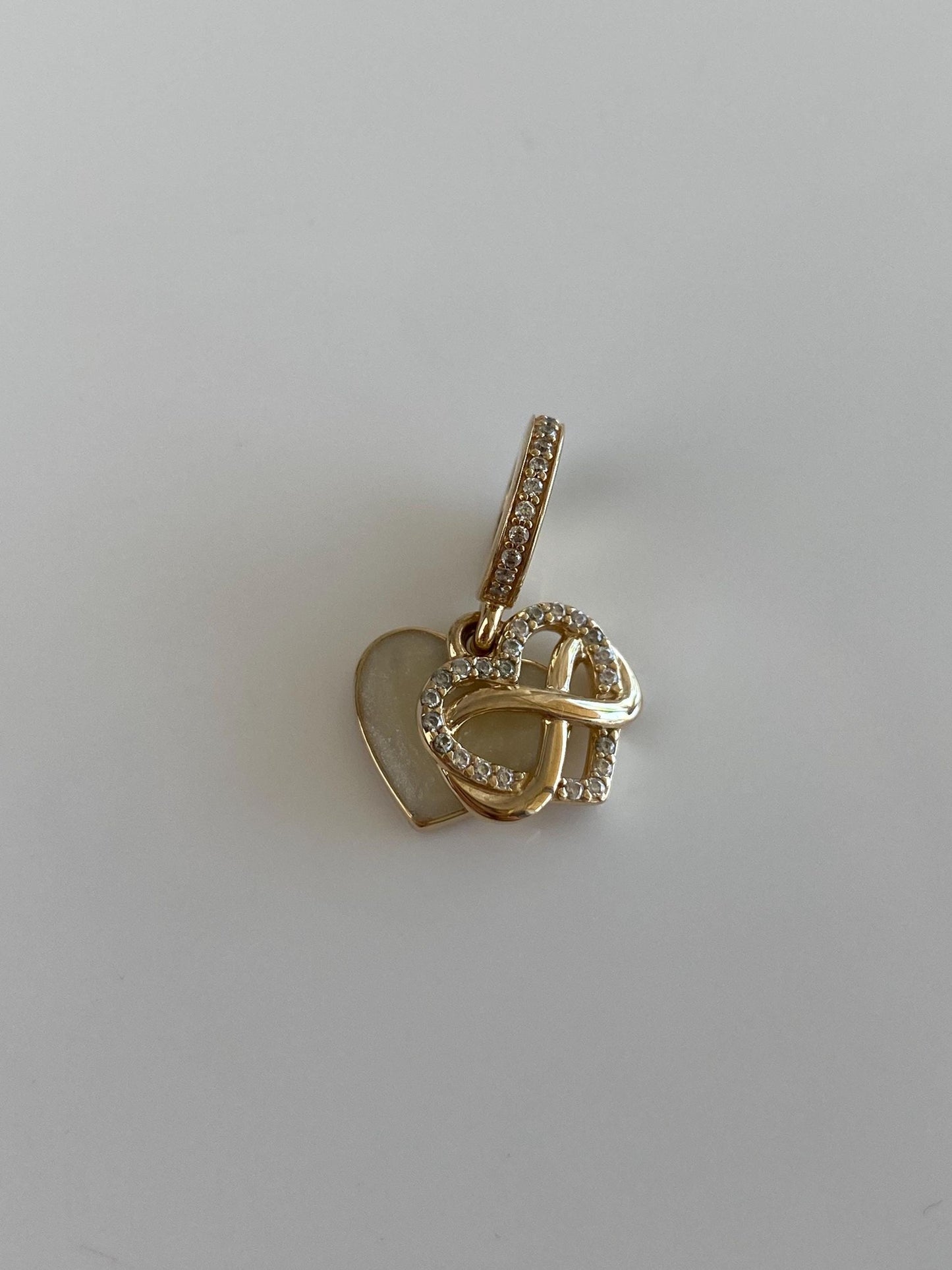 Vintage Solid 14k Yellow Gold Clear Cubic Zirconia White Enamel Hearts Charm
