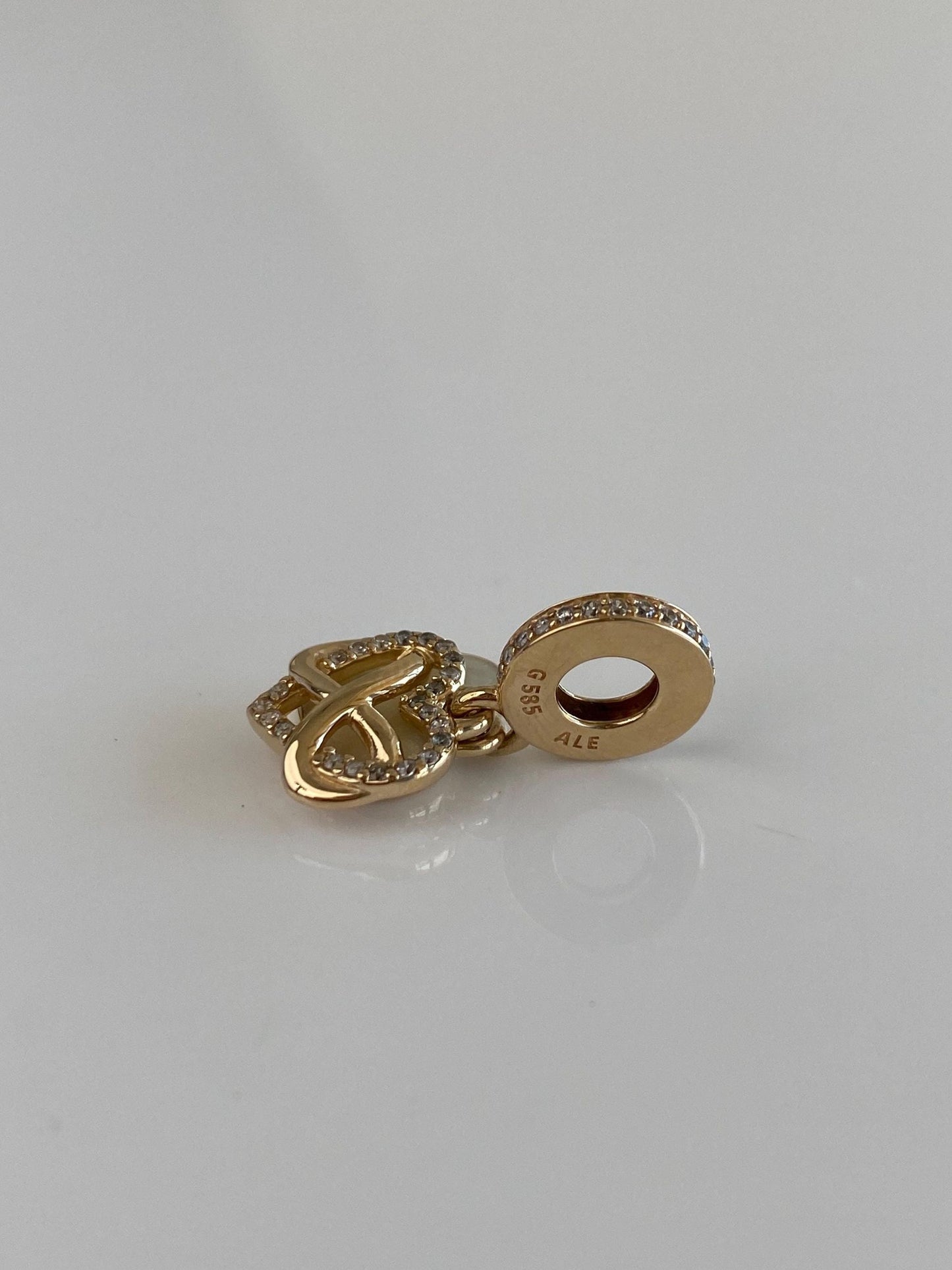 Vintage Solid 14k Yellow Gold Clear Cubic Zirconia White Enamel Hearts Charm