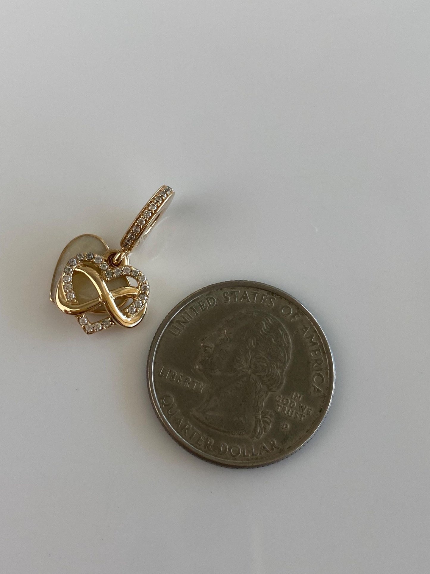 Vintage Solid 14k Yellow Gold Clear Cubic Zirconia White Enamel Hearts Charm